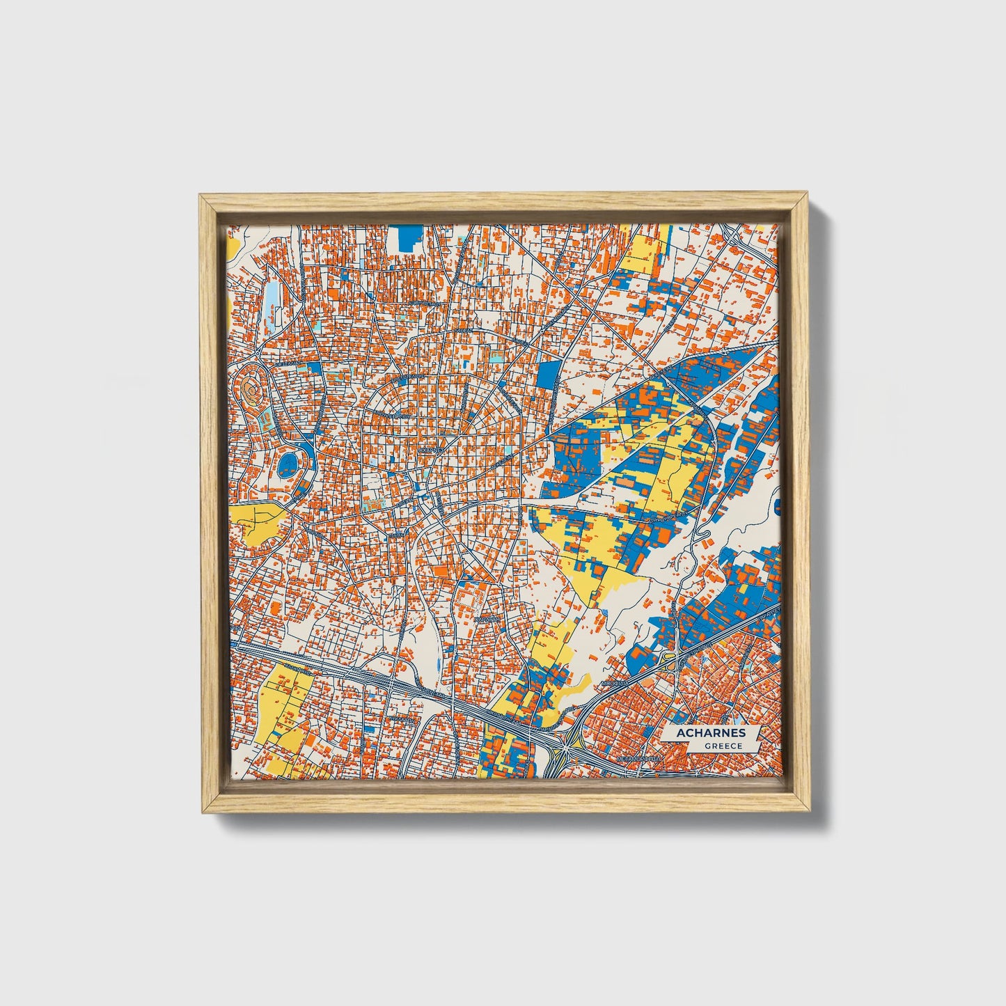 Αχαρνες Greece Colorful City Map Canvas Print • Natural Wooden Framed