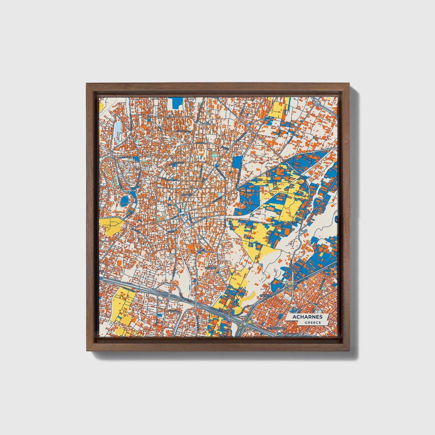 Αχαρνες Greece Colorful City Map Canvas Print • Dark Wooden Framed
