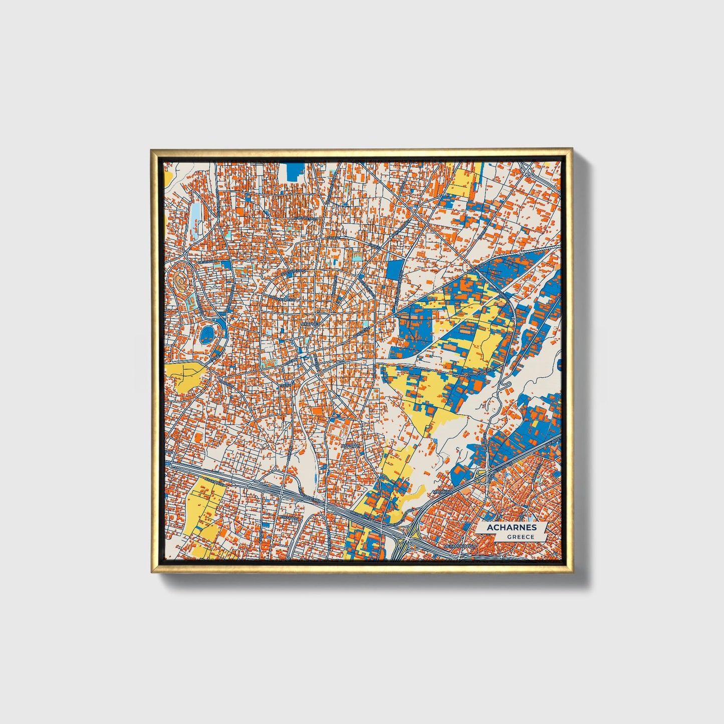 Αχαρνες Greece Colorful City Map Canvas Print • Gold Framed