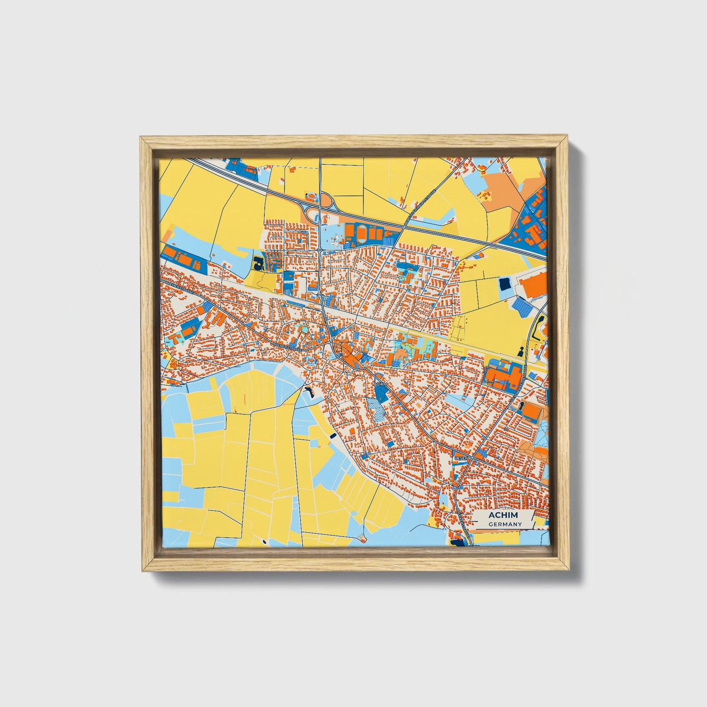 Achim Germany Colorful City Map Canvas Print • Natural Wooden Framed