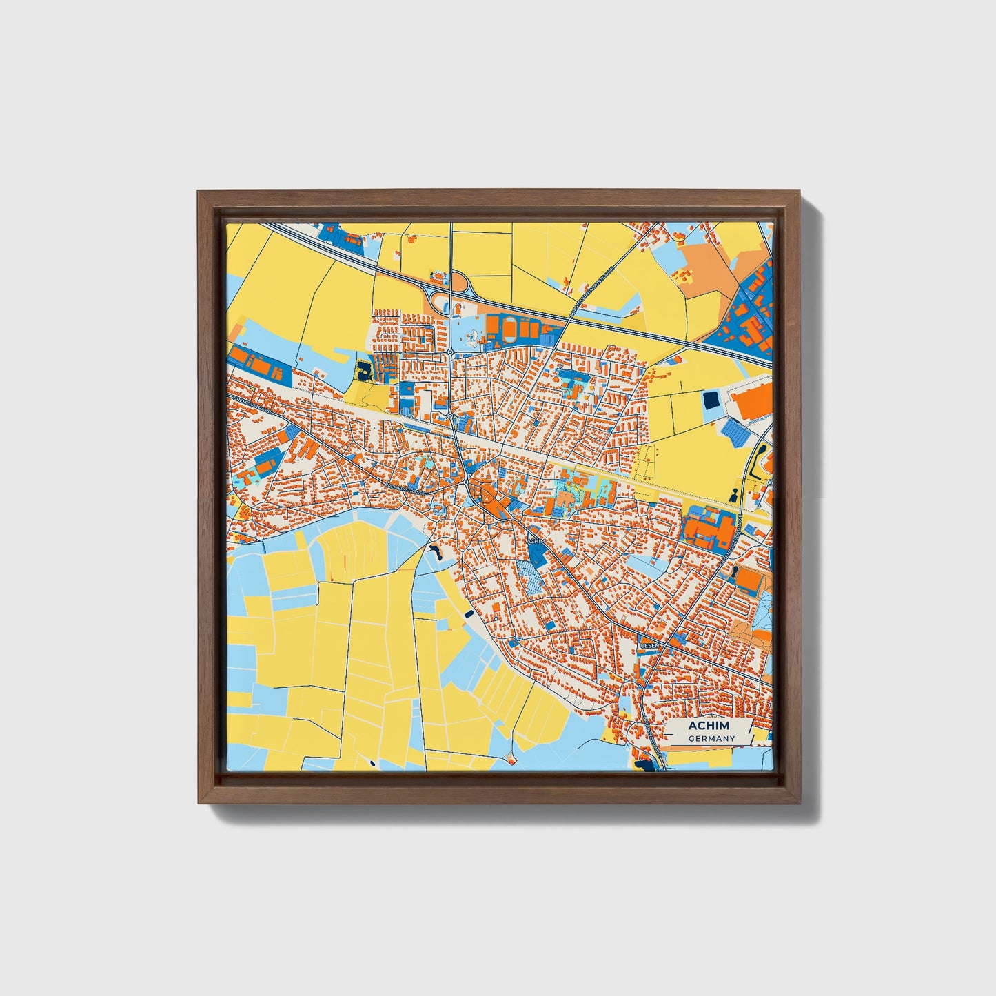 Achim Germany Colorful City Map Canvas Print • Dark Wooden Framed