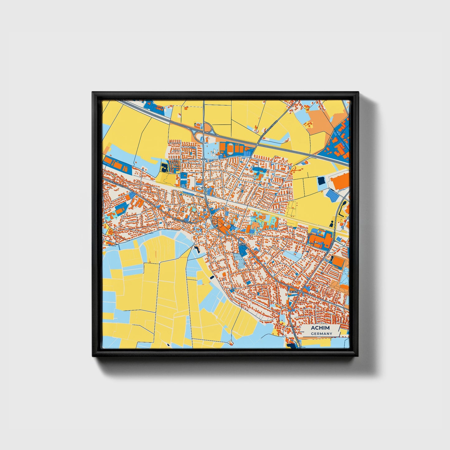 Achim Germany Colorful City Map Canvas Print • Black Framed