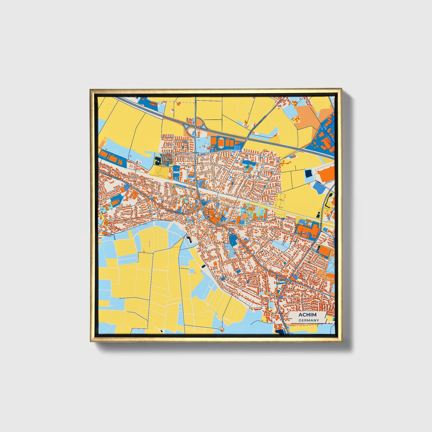Achim Germany Colorful City Map Canvas Print • Gold Framed