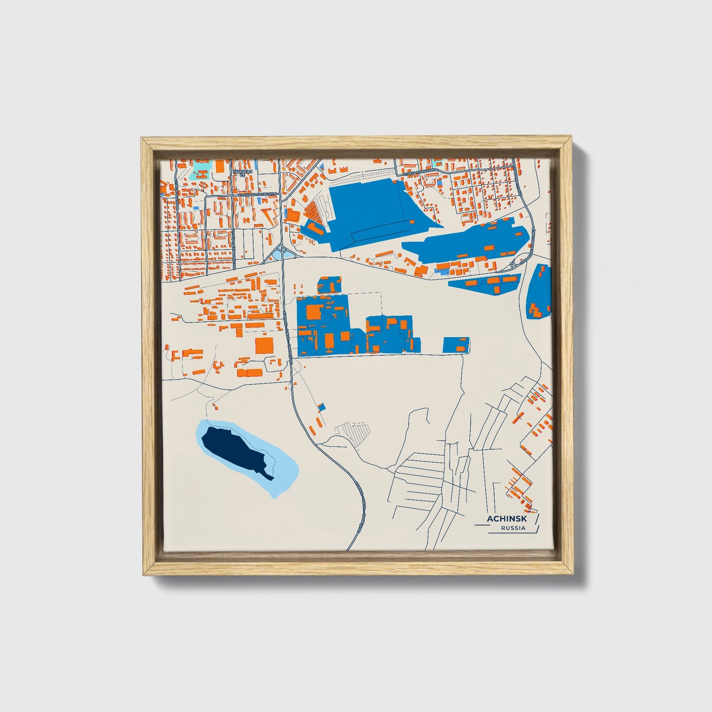 Ачинск Russia Colorful City Map Canvas Print • Natural Wooden Framed