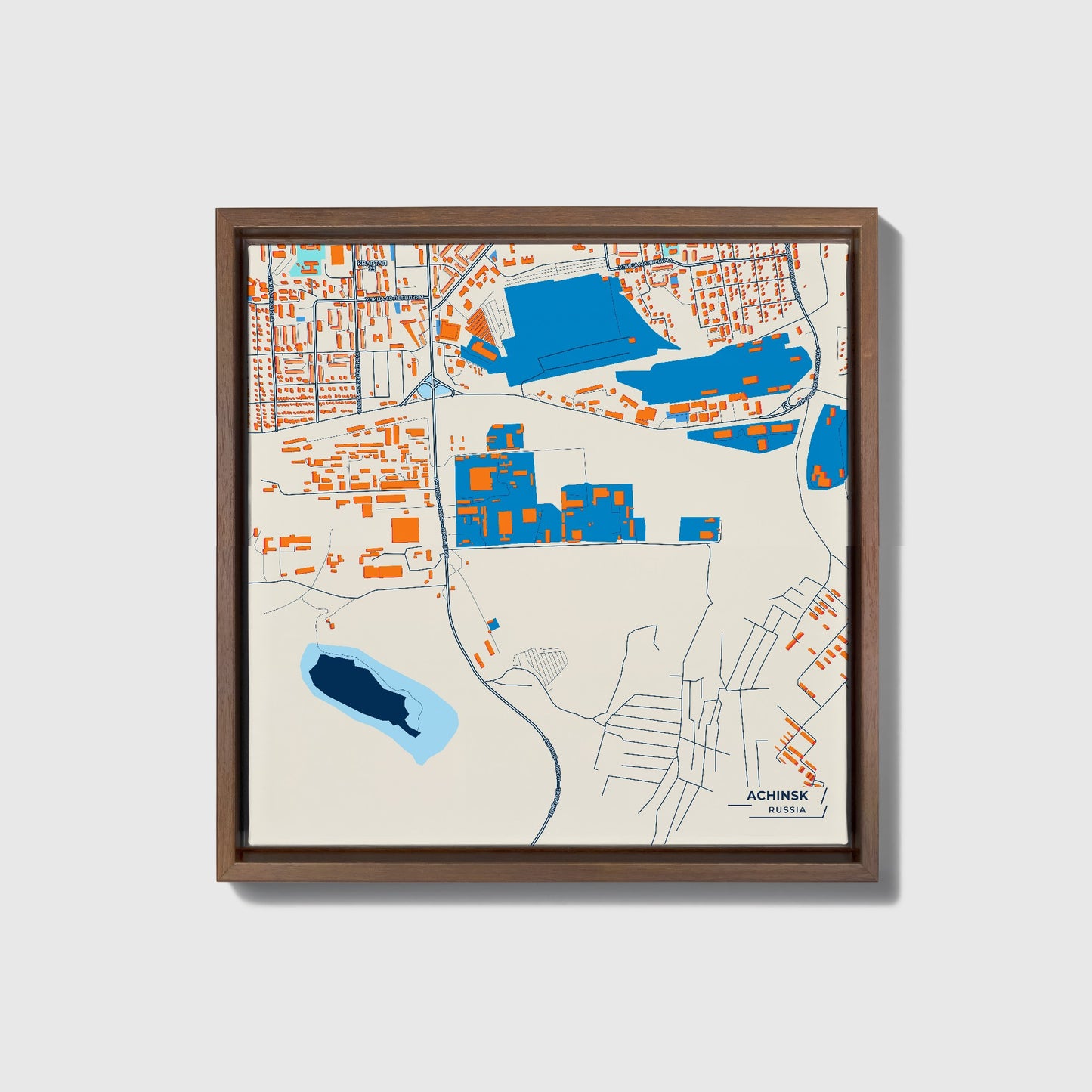 Ачинск Russia Colorful City Map Canvas Print • Dark Wooden Framed