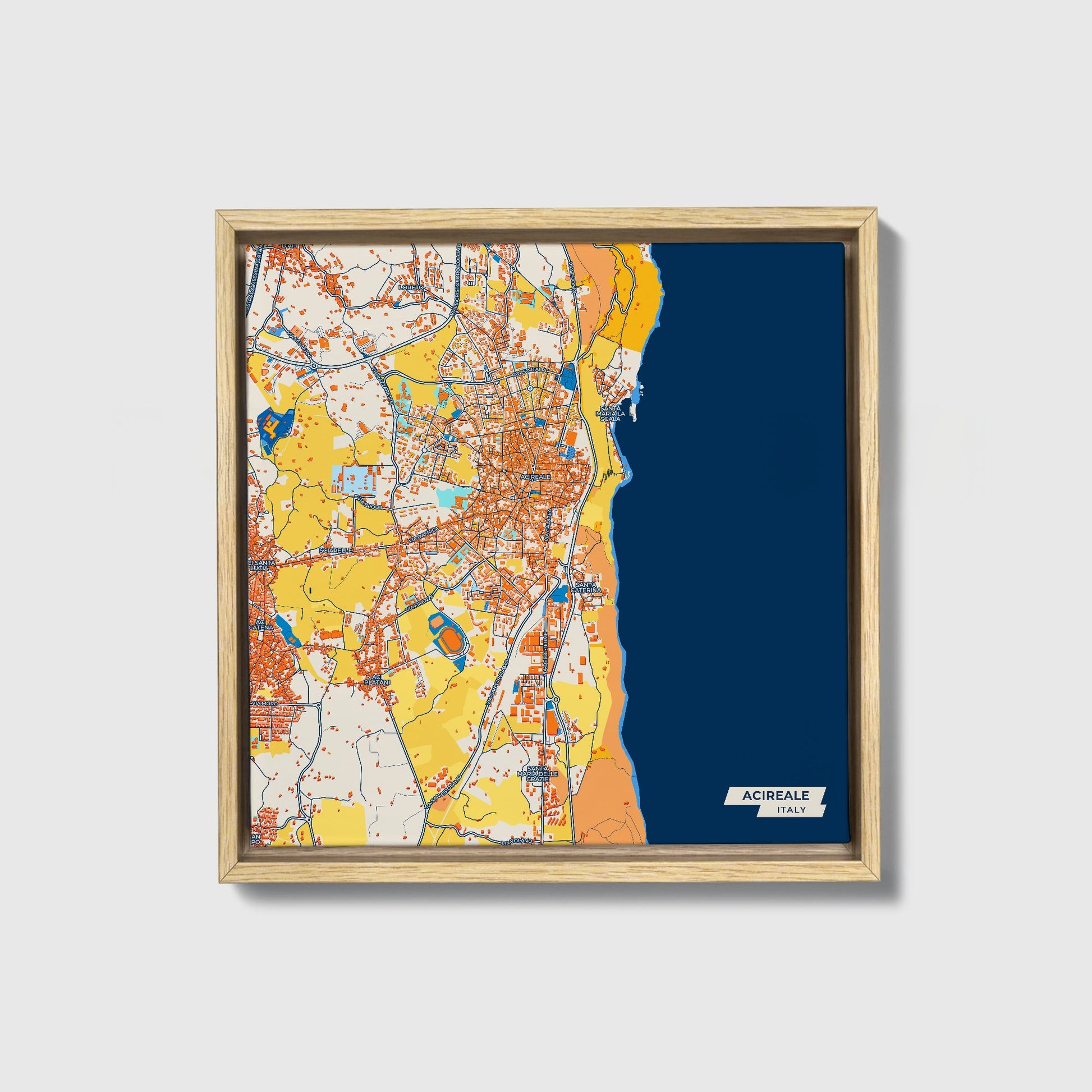 Acireale Italy Colorful City Map Canvas Print • Natural Wooden Framed