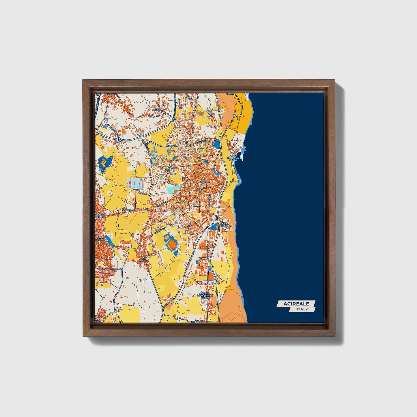 Acireale Italy Colorful City Map Canvas Print • Dark Wooden Framed