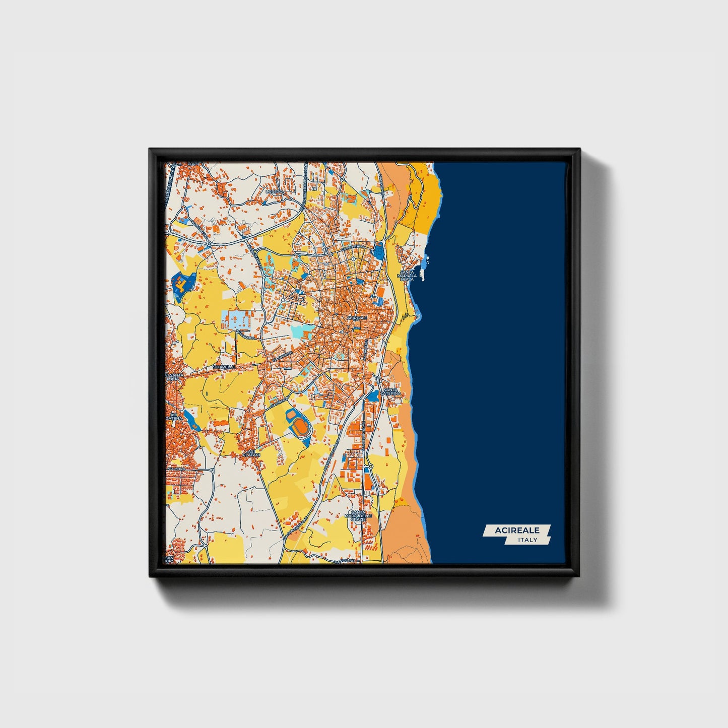 Acireale Italy Colorful City Map Canvas Print • Black Framed