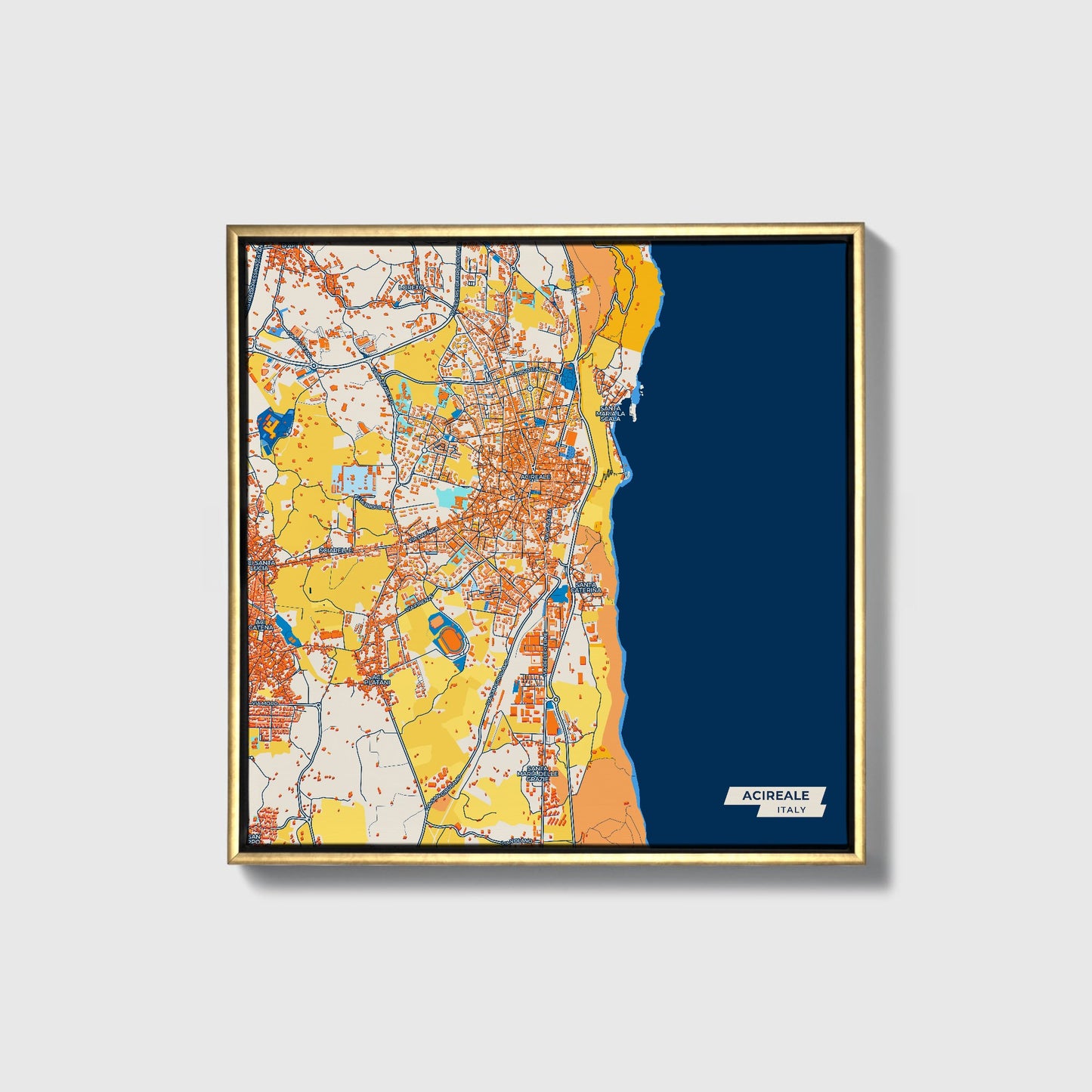 Acireale Italy Colorful City Map Canvas Print • Gold Framed