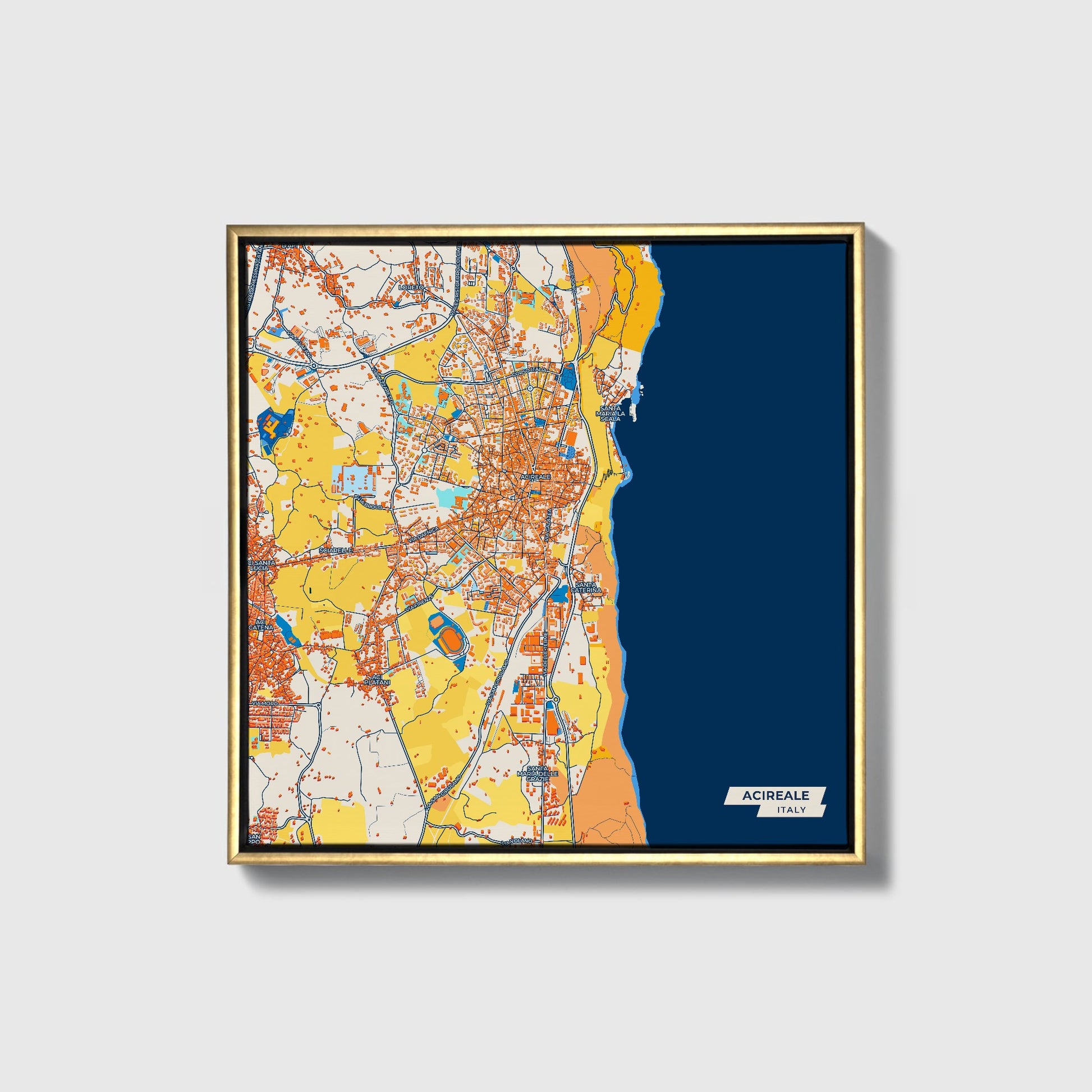 Acireale Italy Colorful City Map Canvas Print • Gold Framed