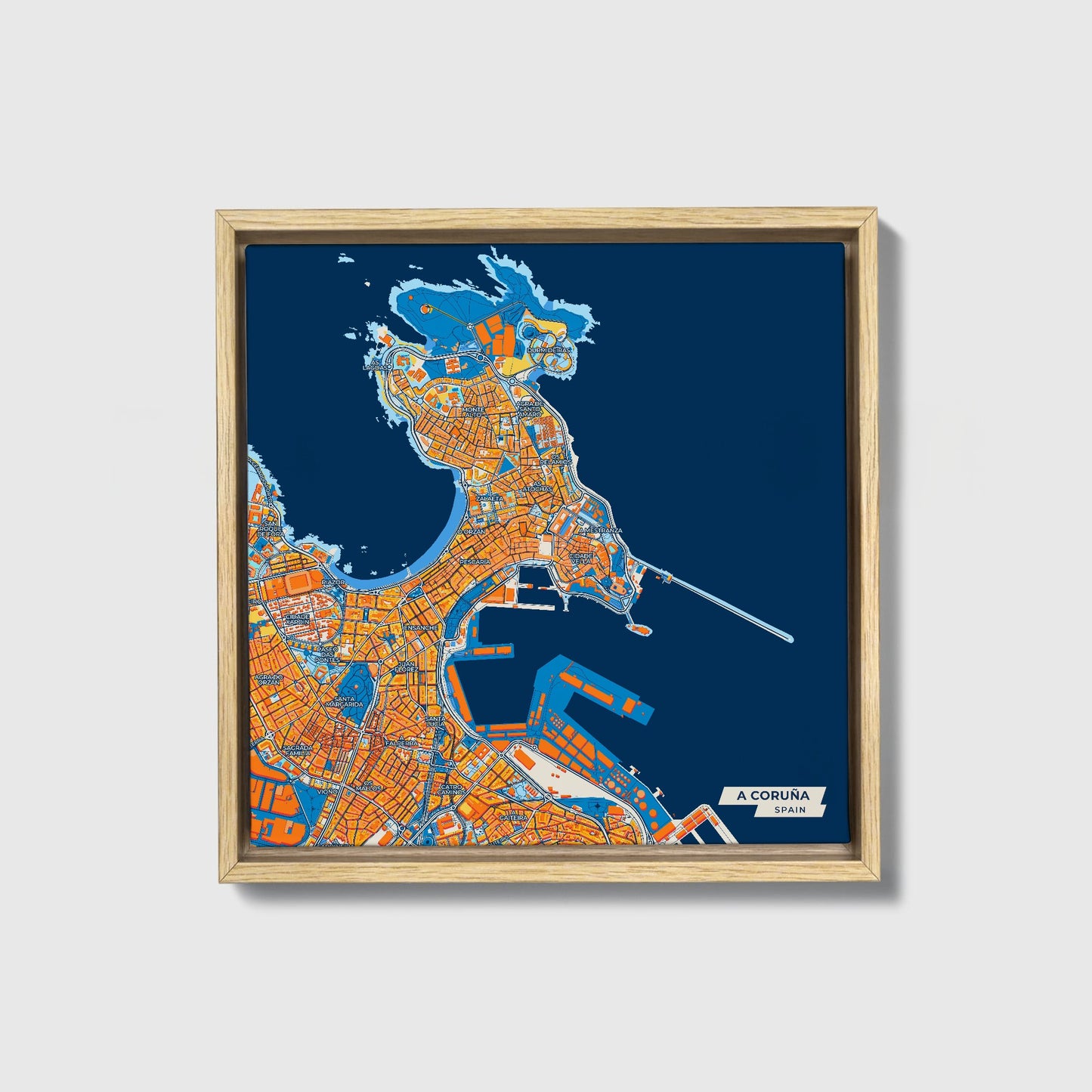 A Coruña Spain Colorful City Map Canvas Print • Natural Wooden Framed