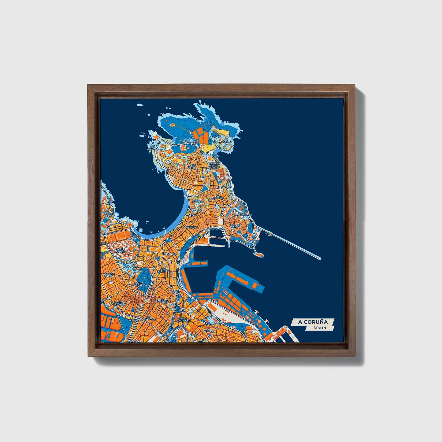 A Coruña Spain Colorful City Map Canvas Print • Dark Wooden Framed