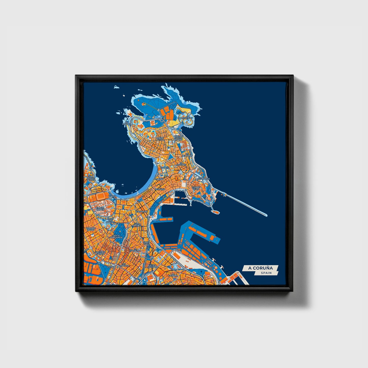 A Coruña Spain Colorful City Map Canvas Print • Black Framed