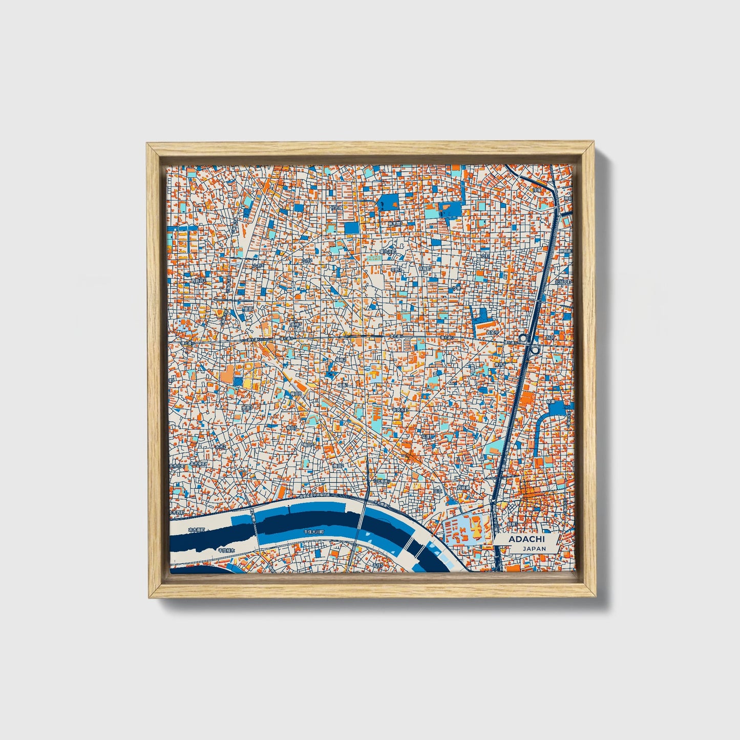 Adachi Japan Colorful City Map Canvas Print • Natural Wooden Framed
