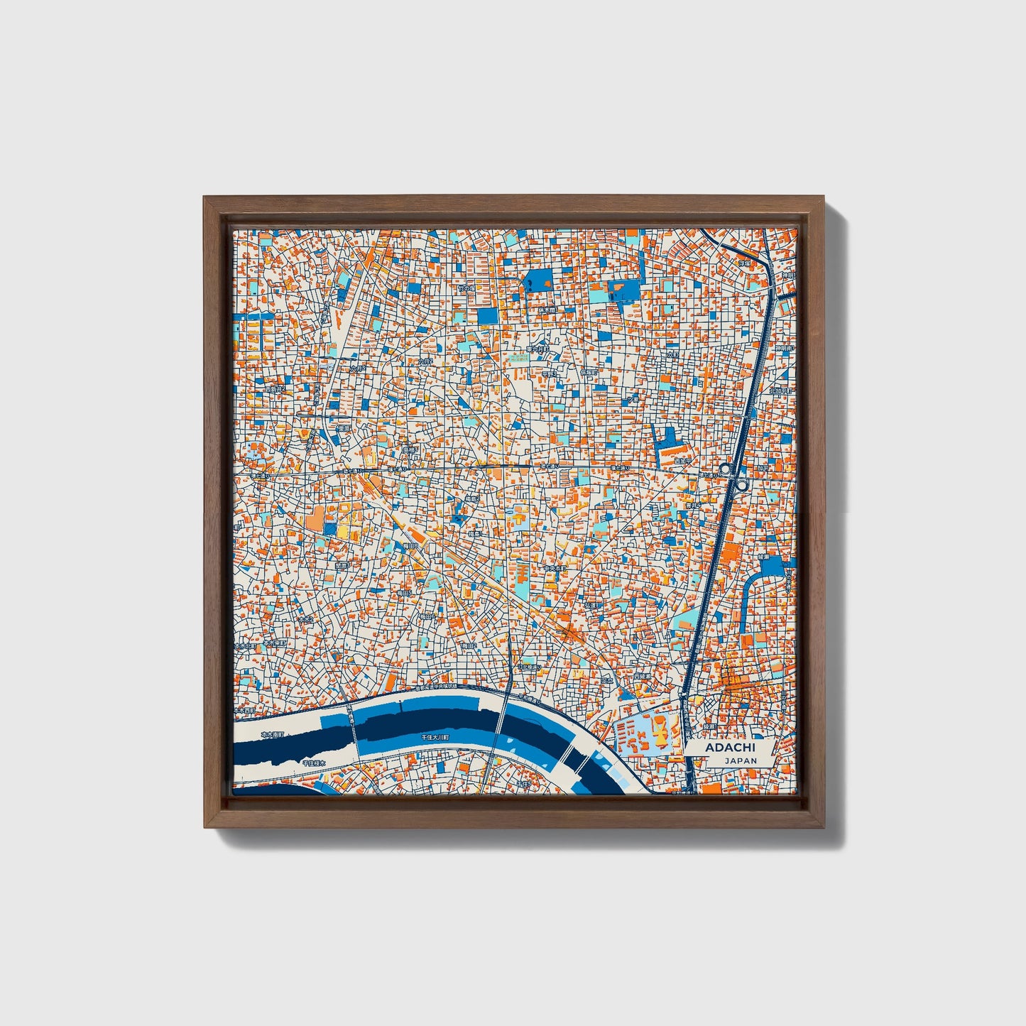 Adachi Japan Colorful City Map Canvas Print • Dark Wooden Framed