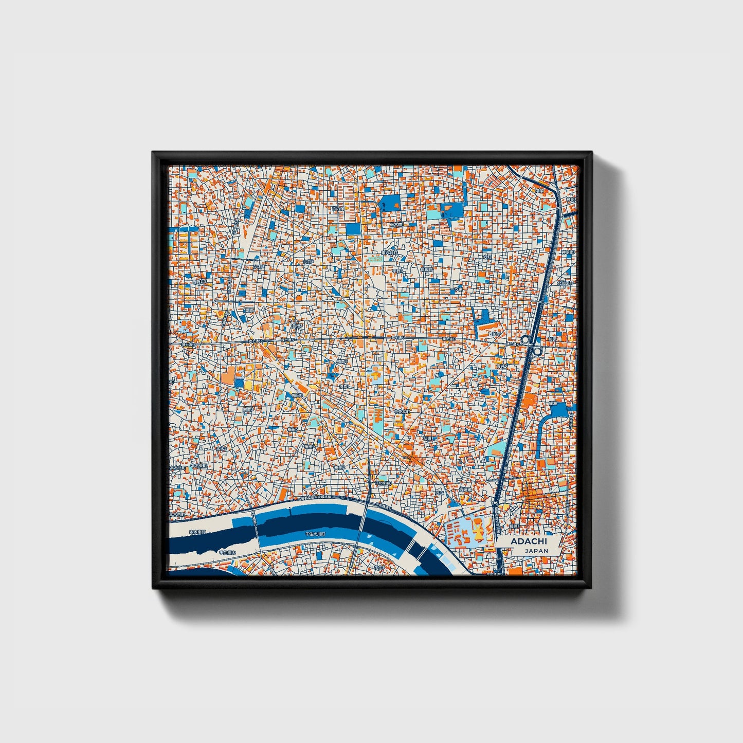 Adachi Japan Colorful City Map Canvas Print • Black Framed