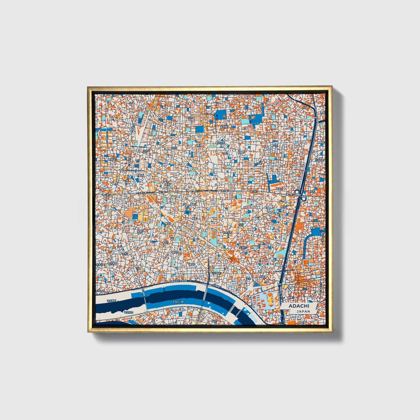Adachi Japan Colorful City Map Canvas Print • Gold Framed