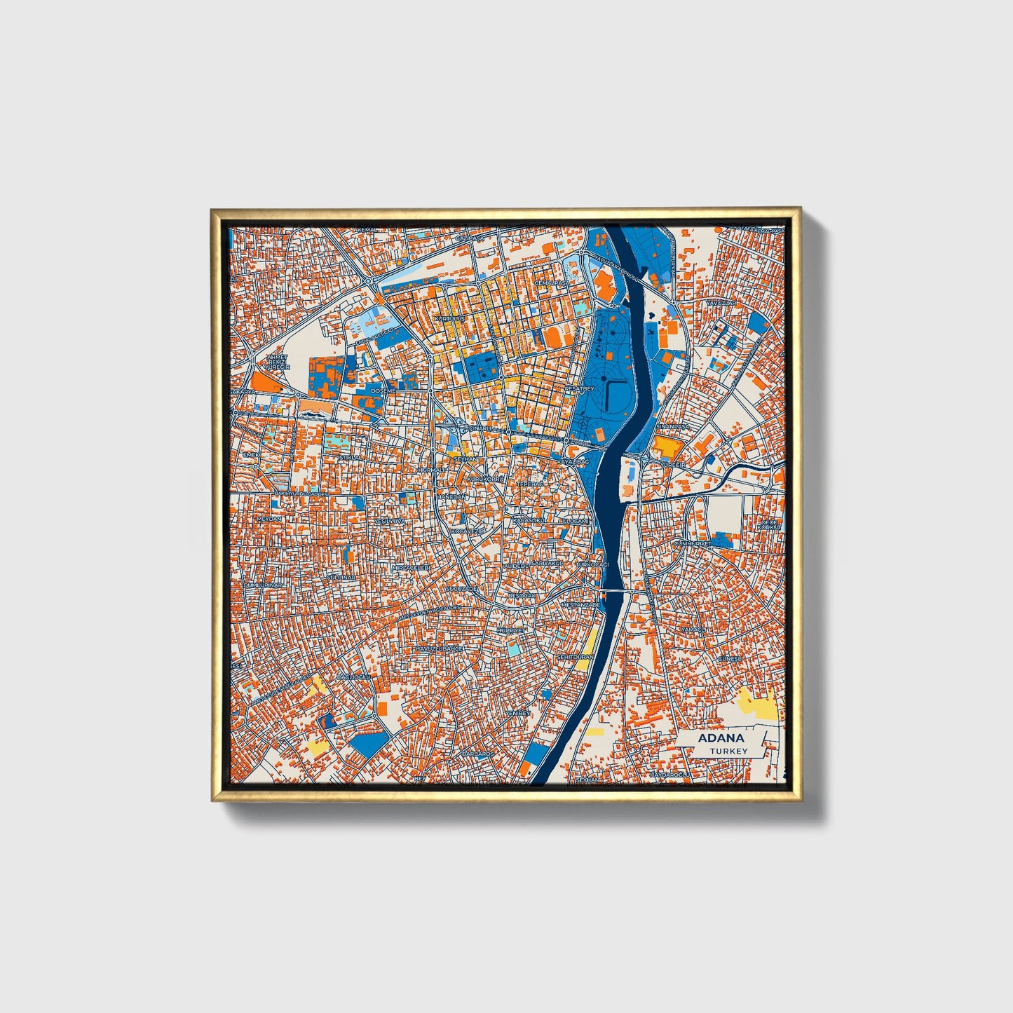 Adana Turkey Colorful City Map Canvas Print • Gold Framed