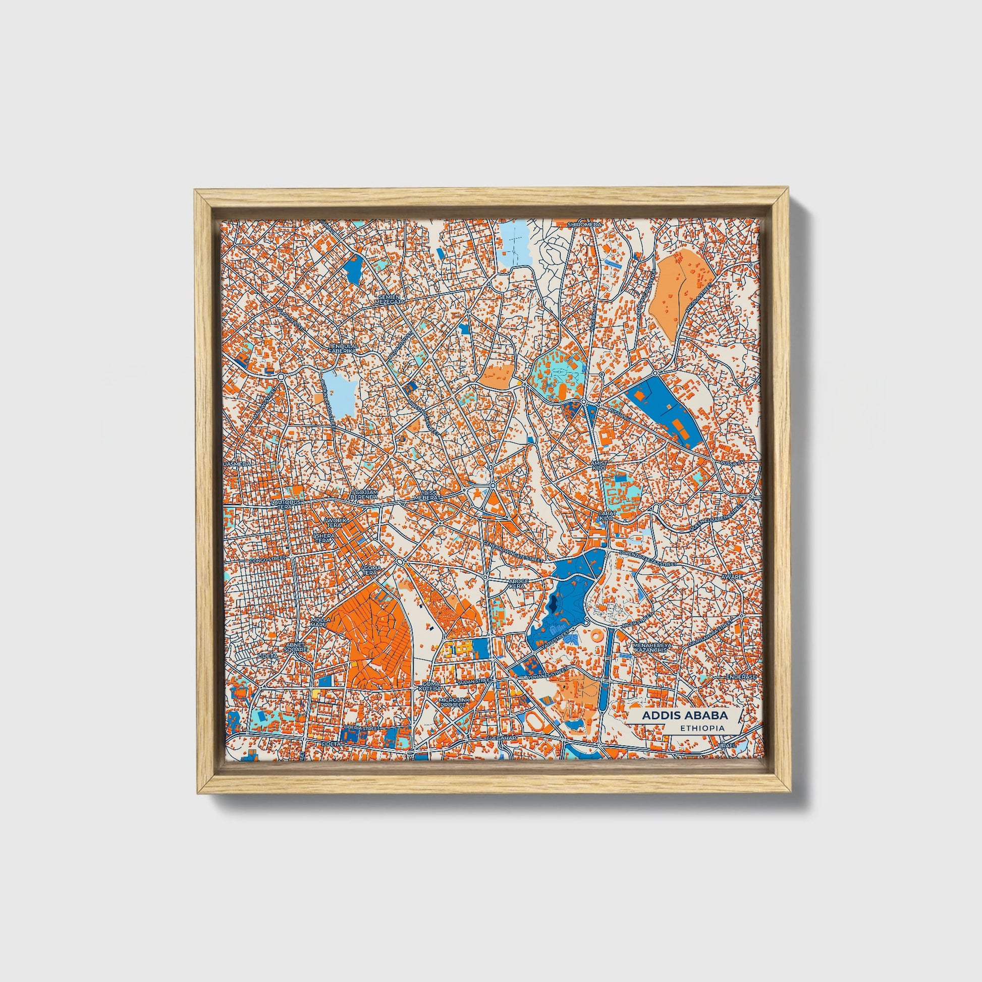 Addis Ababa Ethiopia Colorful City Map Canvas Print • Natural Wooden Framed