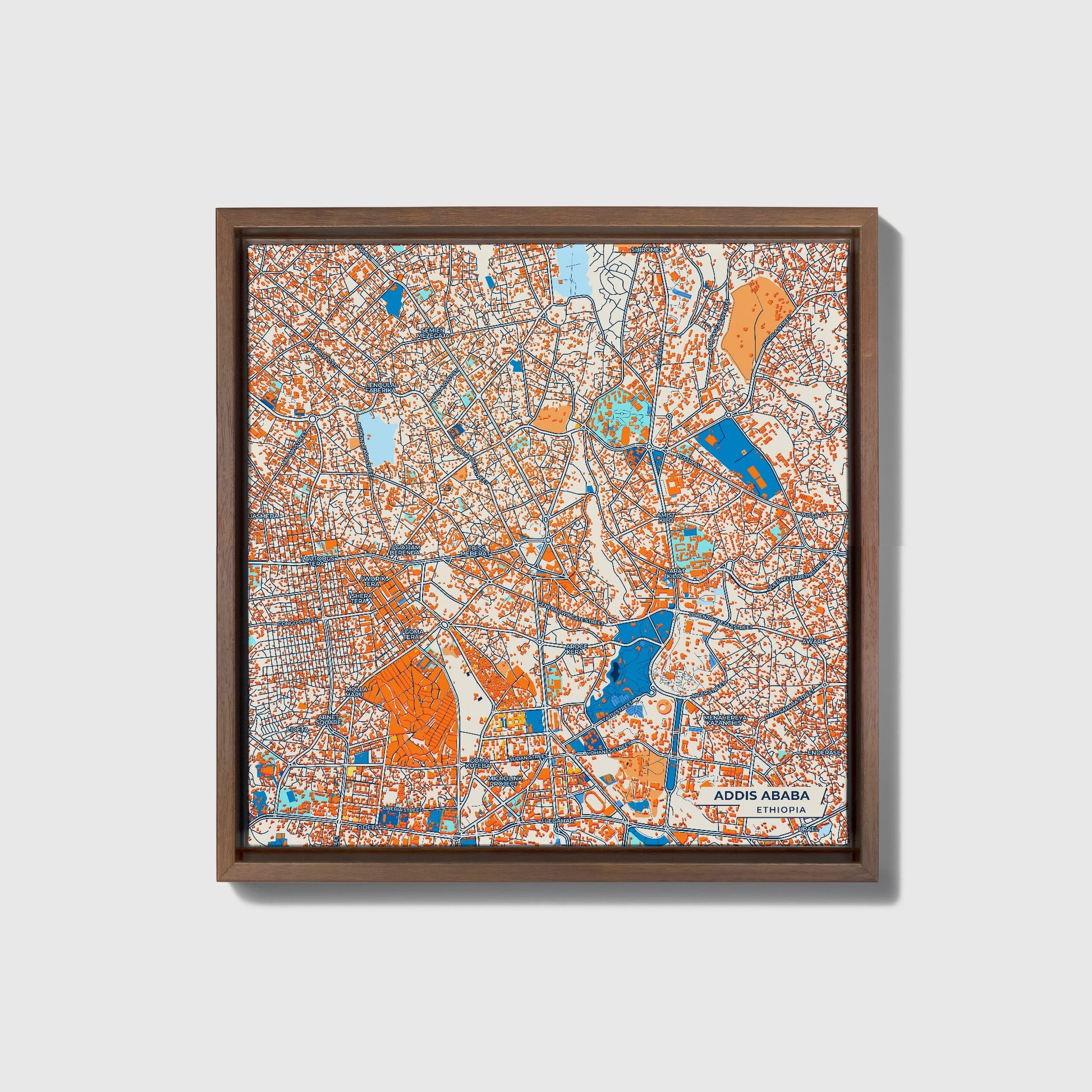 Addis Ababa Ethiopia Colorful City Map Canvas Print • Dark Wooden Framed