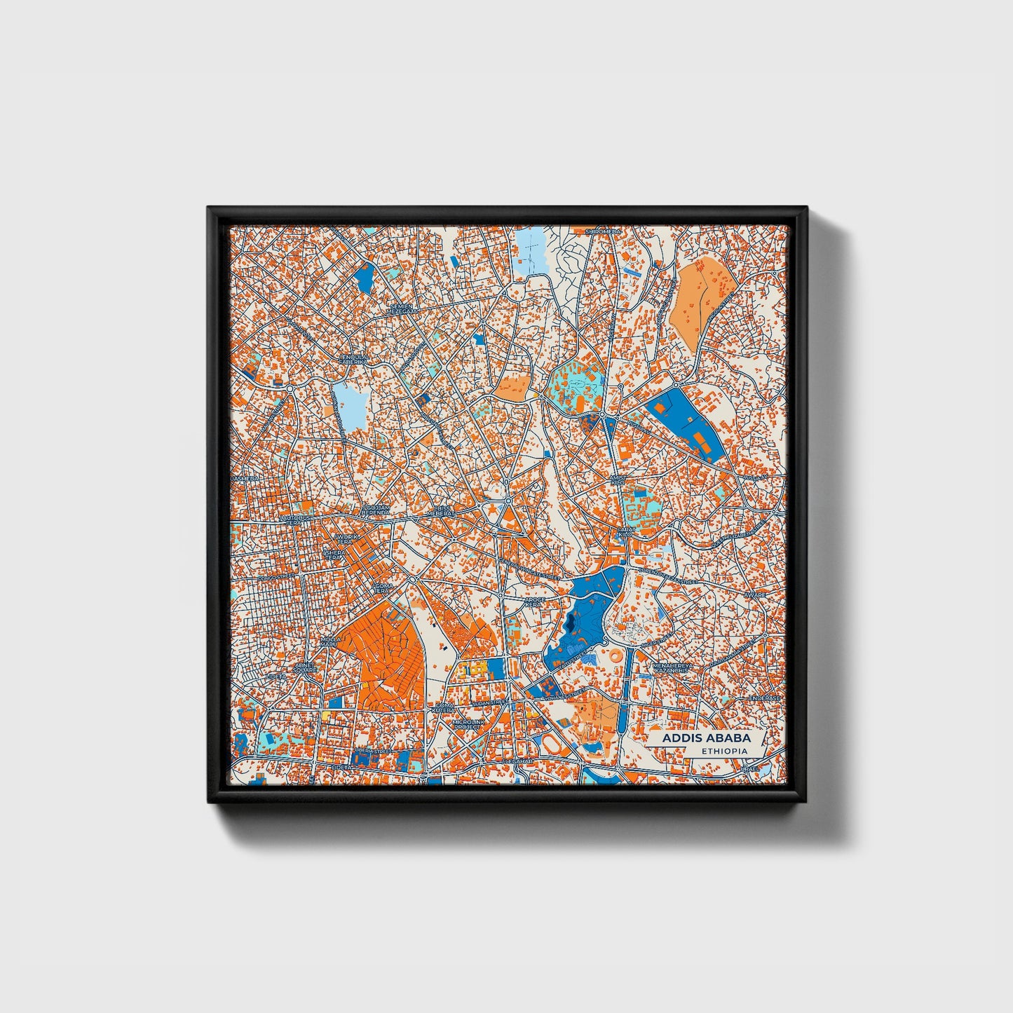 Addis Ababa Ethiopia Colorful City Map Canvas Print • Black Framed