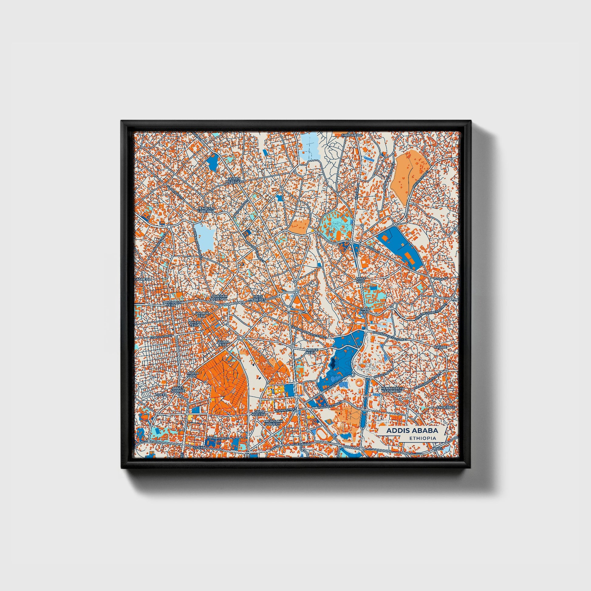 Addis Ababa Ethiopia Colorful City Map Canvas Print • Black Framed