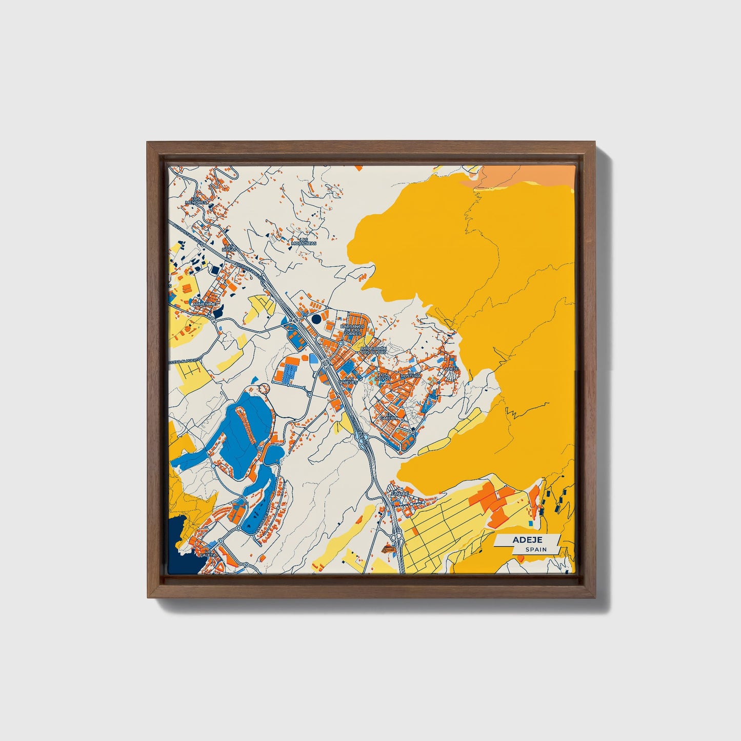 Adeje Spain Colorful City Map Canvas Print • Dark Wooden Framed