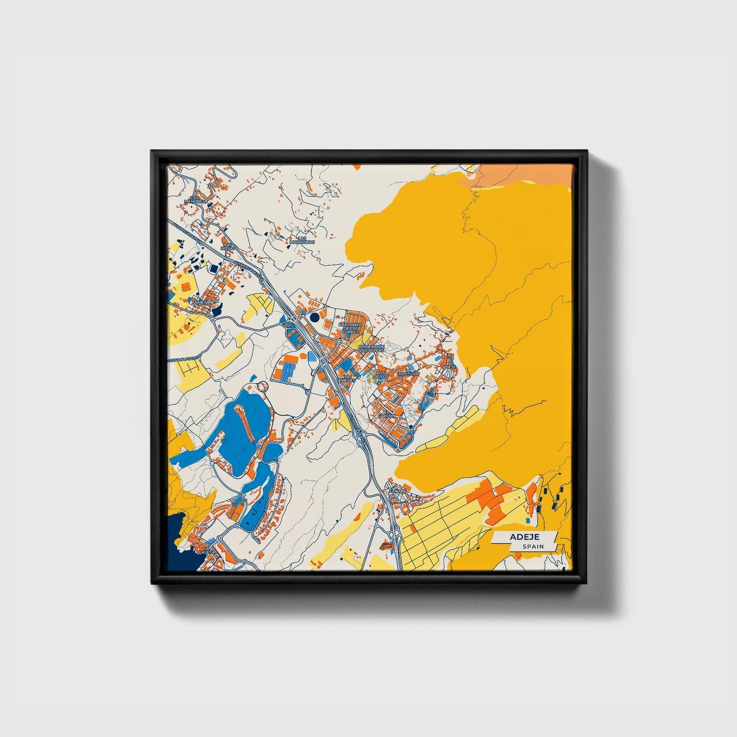 Adeje Spain Colorful City Map Canvas Print • Black Framed