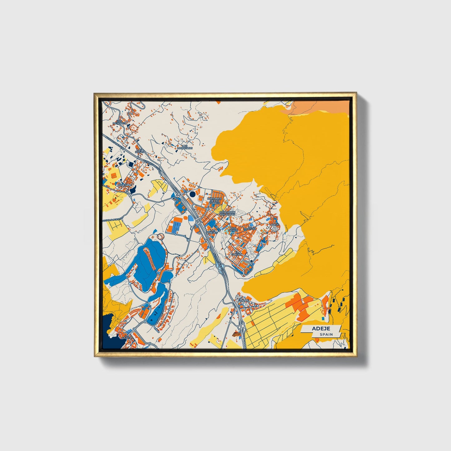 Adeje Spain Colorful City Map Canvas Print • Gold Framed