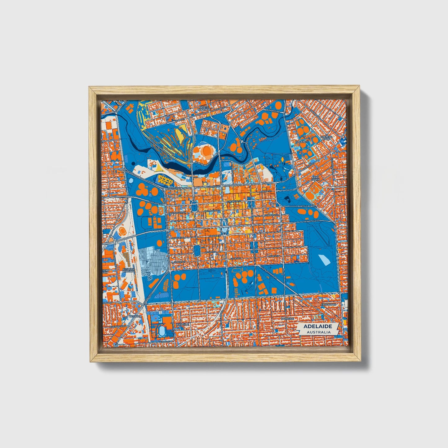 Adelaide Australia Colorful City Map Canvas Print • Natural Wooden Framed