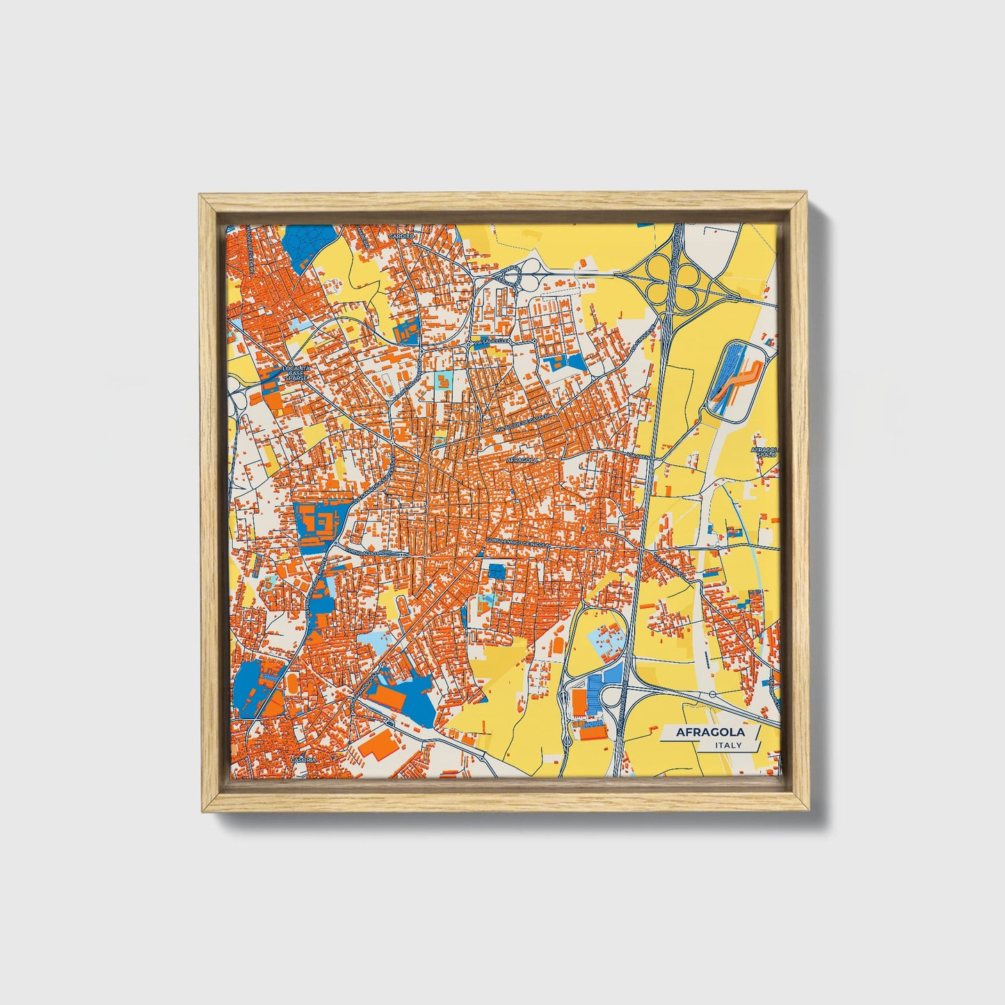 Afragola Italy Colorful City Map Canvas Print • Natural Wooden Framed