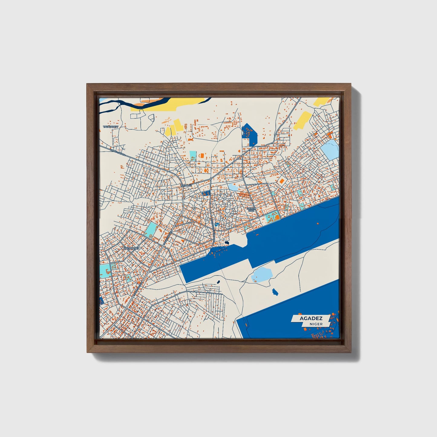 Agadez Niger Colorful City Map Canvas Print • Dark Wooden Framed