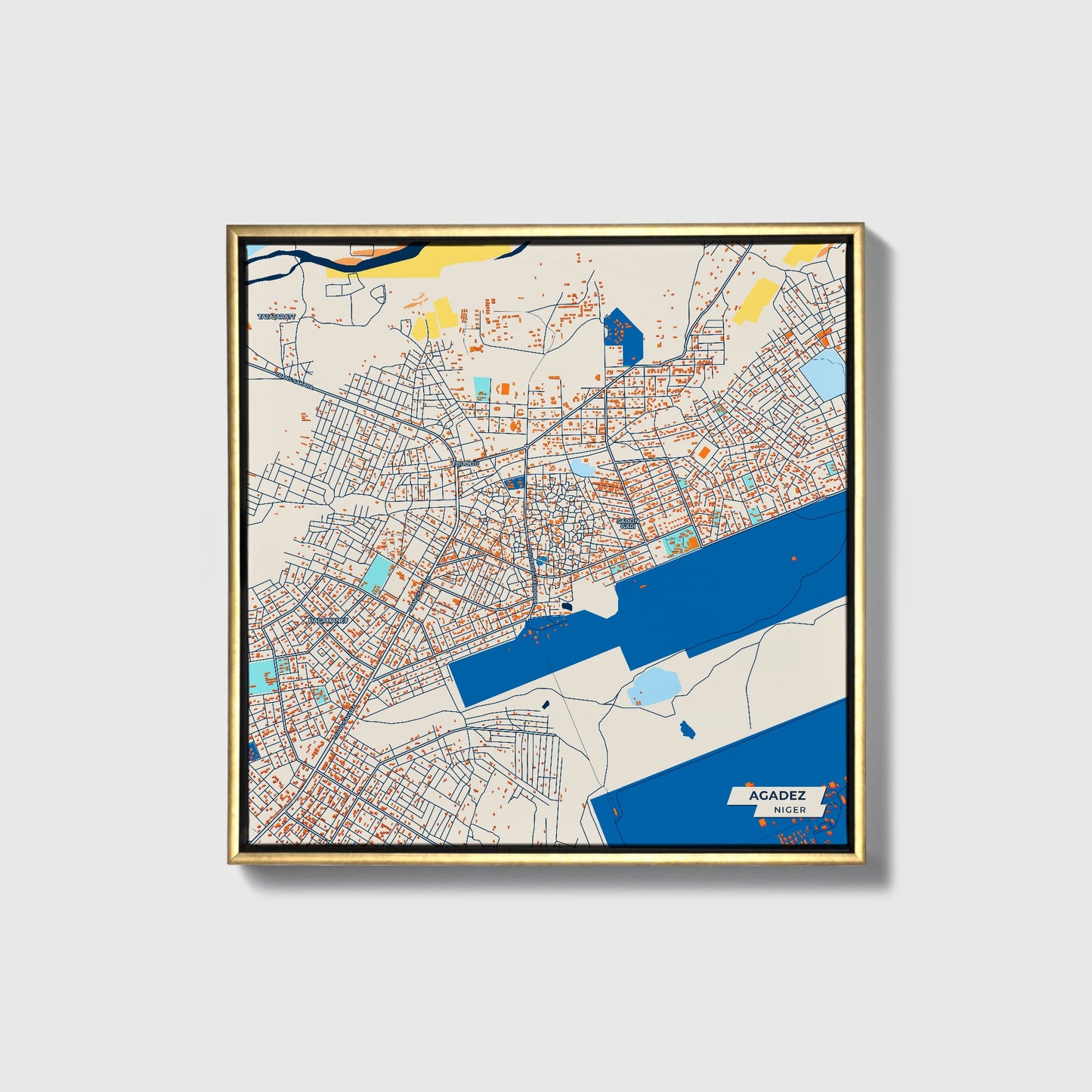 Agadez Niger Colorful City Map Canvas Print • Gold Framed