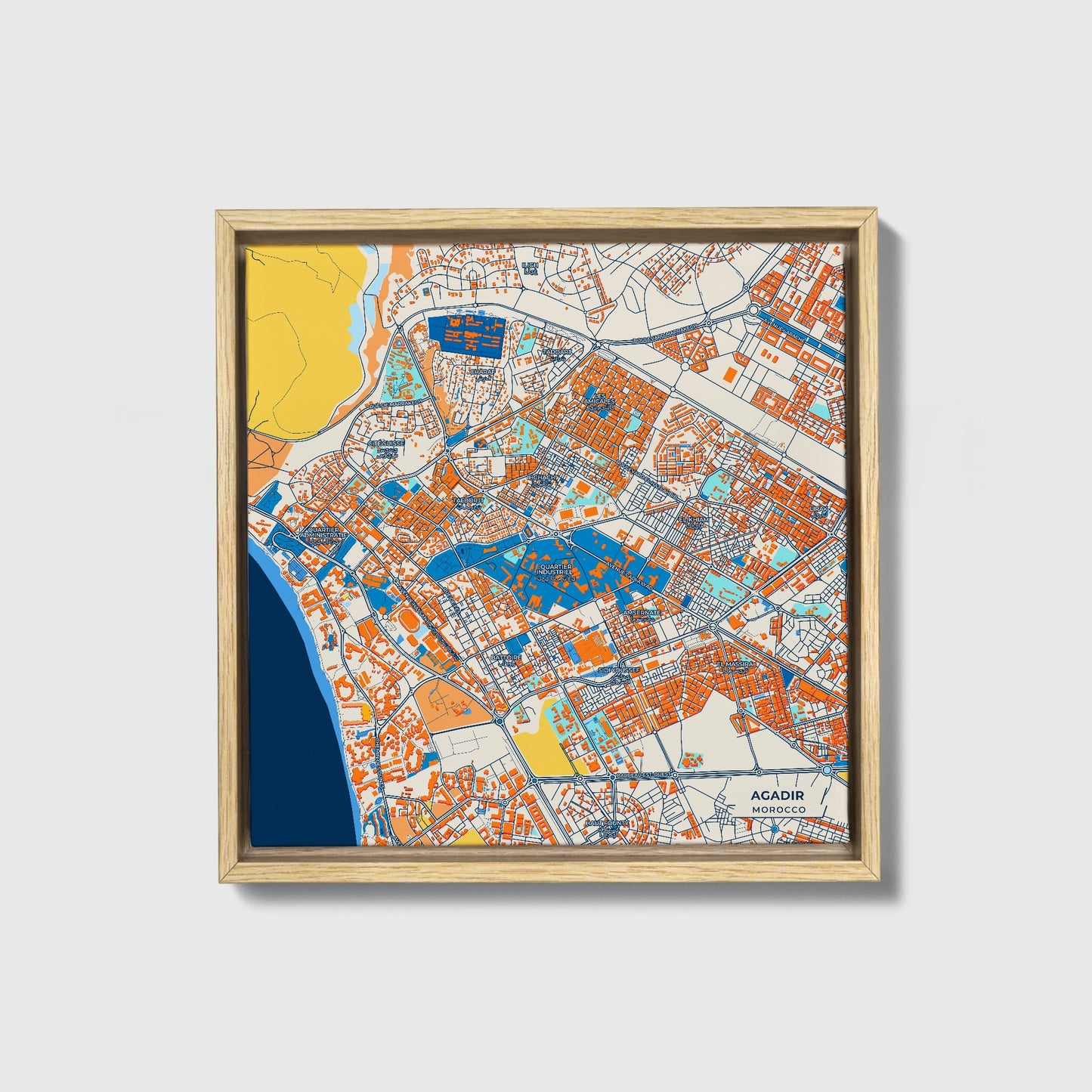 Agadir Morocco Colorful City Map Canvas Print • Natural Wooden Framed