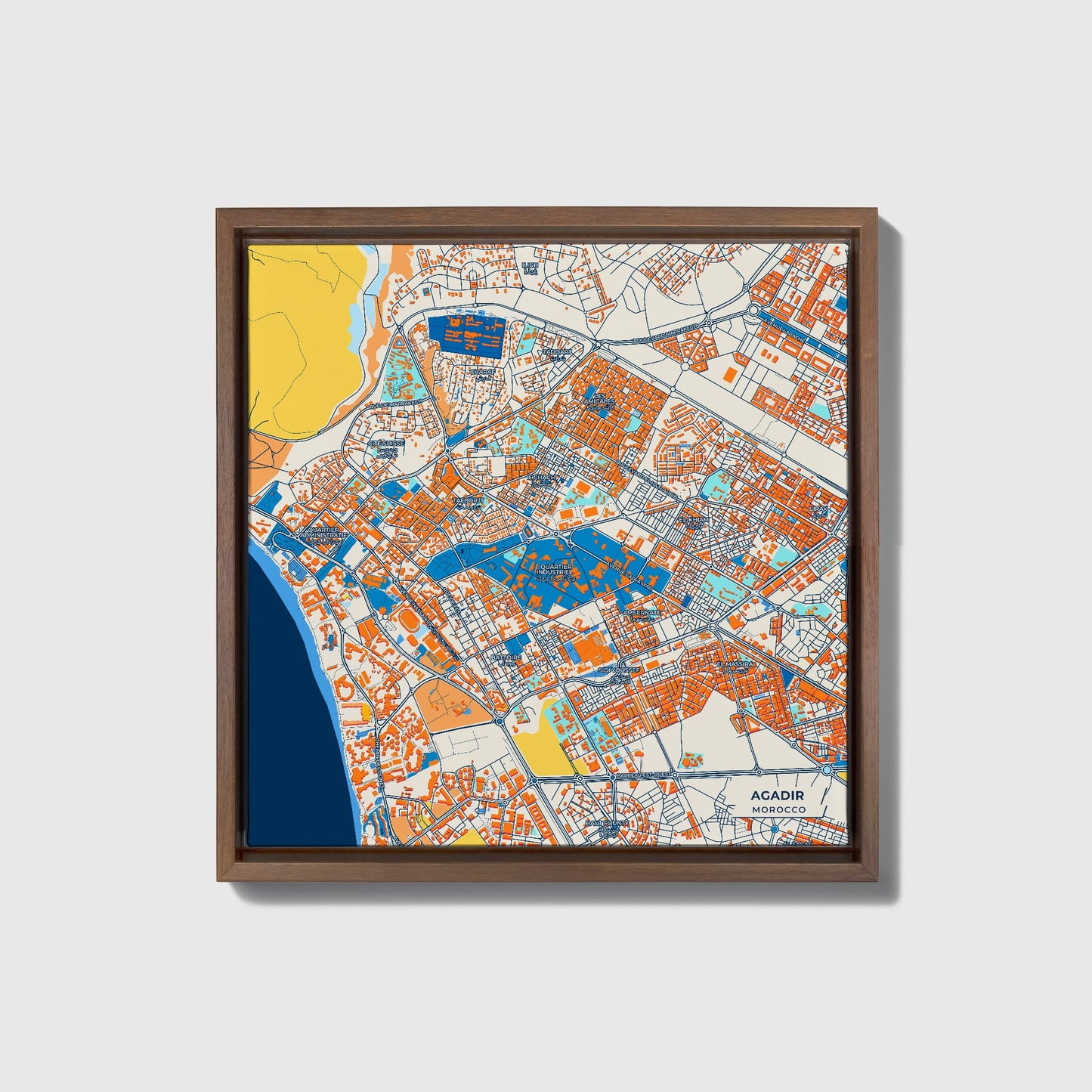 Agadir Morocco Colorful City Map Canvas Print • Dark Wooden Framed
