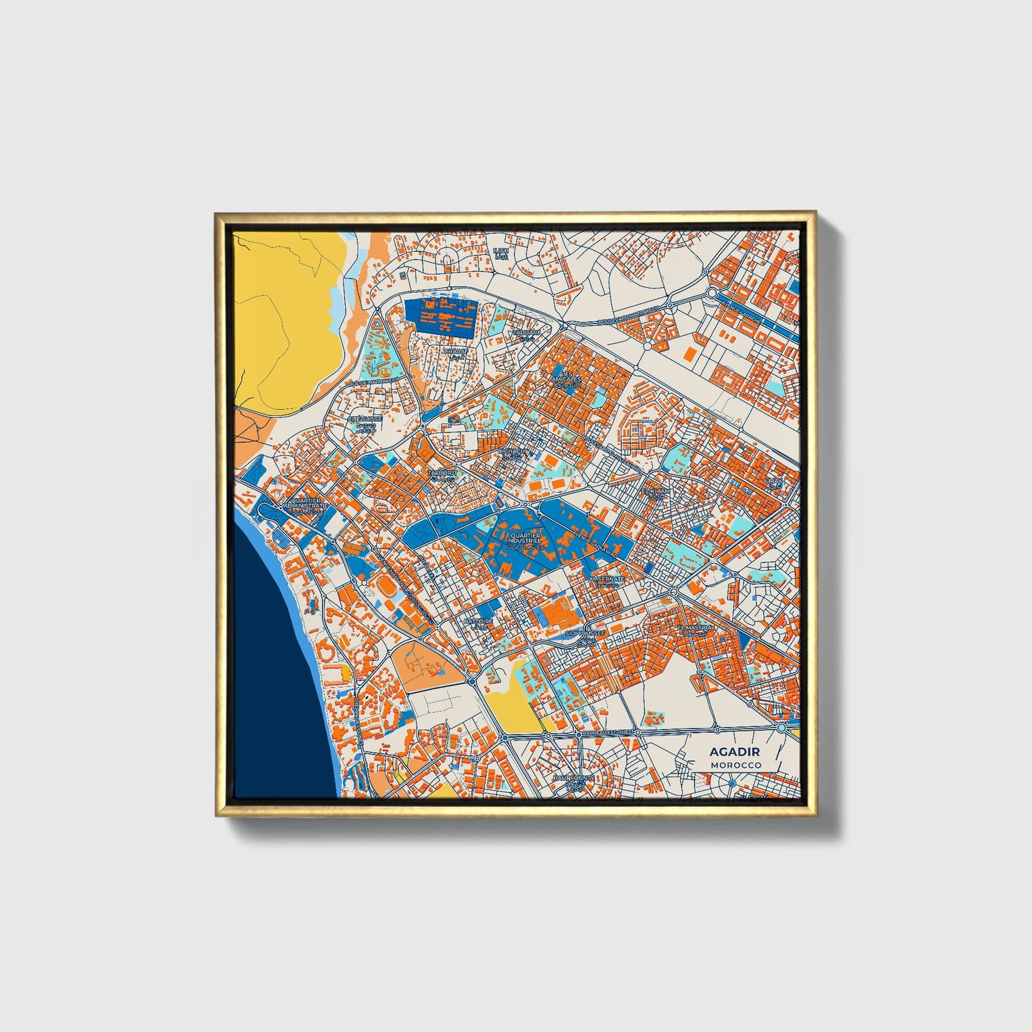Agadir Morocco Colorful City Map Canvas Print • Gold Framed