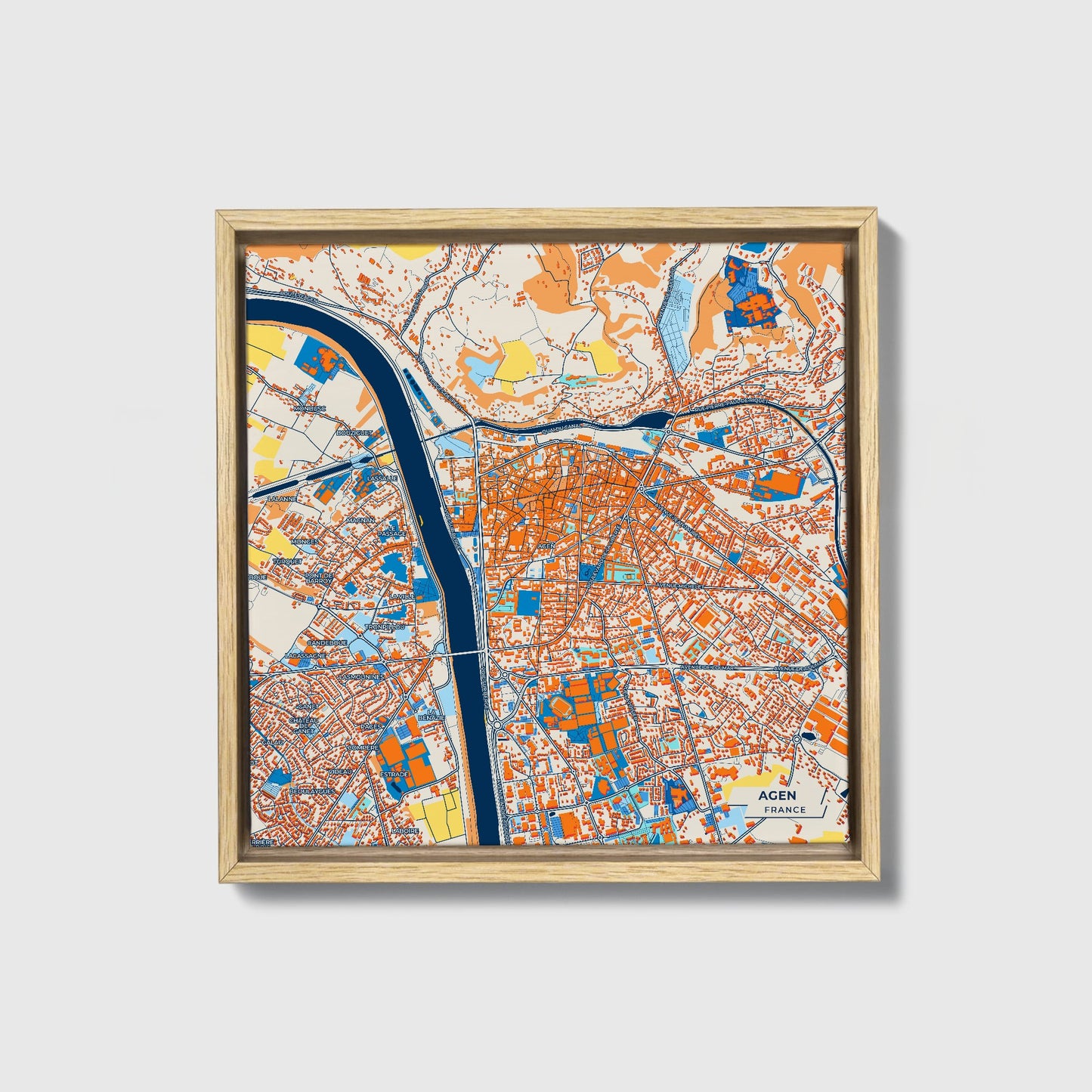 Agen France Colorful City Map Canvas Print • Natural Wooden Framed