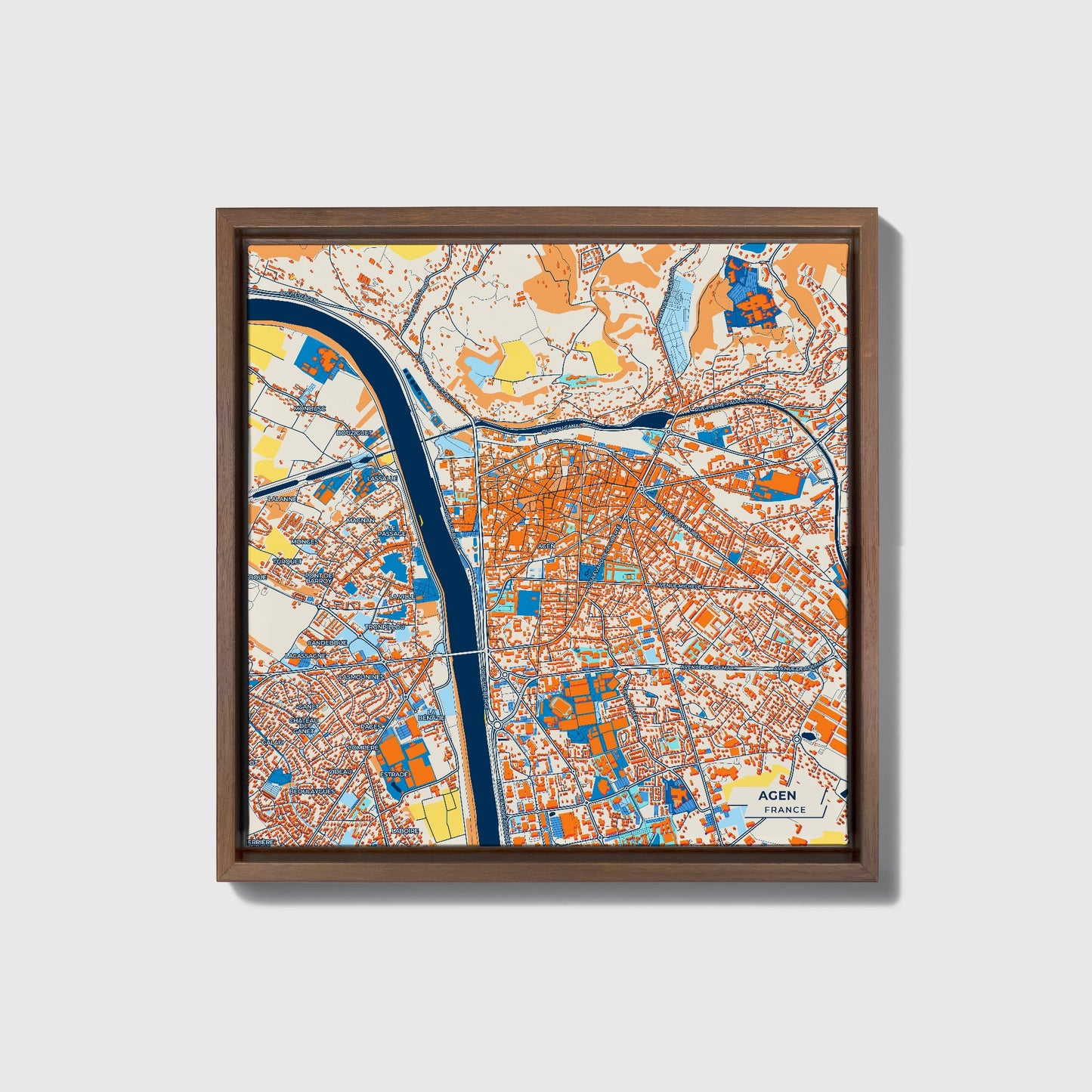 Agen France Colorful City Map Canvas Print • Dark Wooden Framed