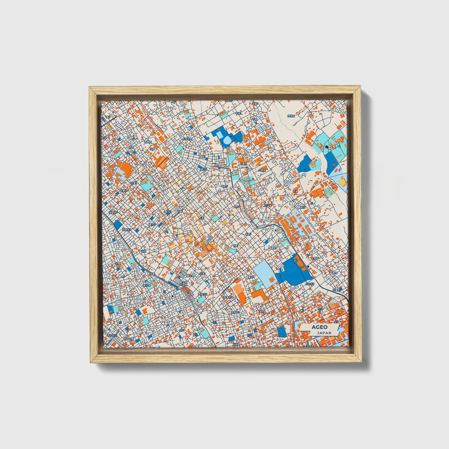 Ageo Japan Colorful City Map Canvas Print • Natural Wooden Framed