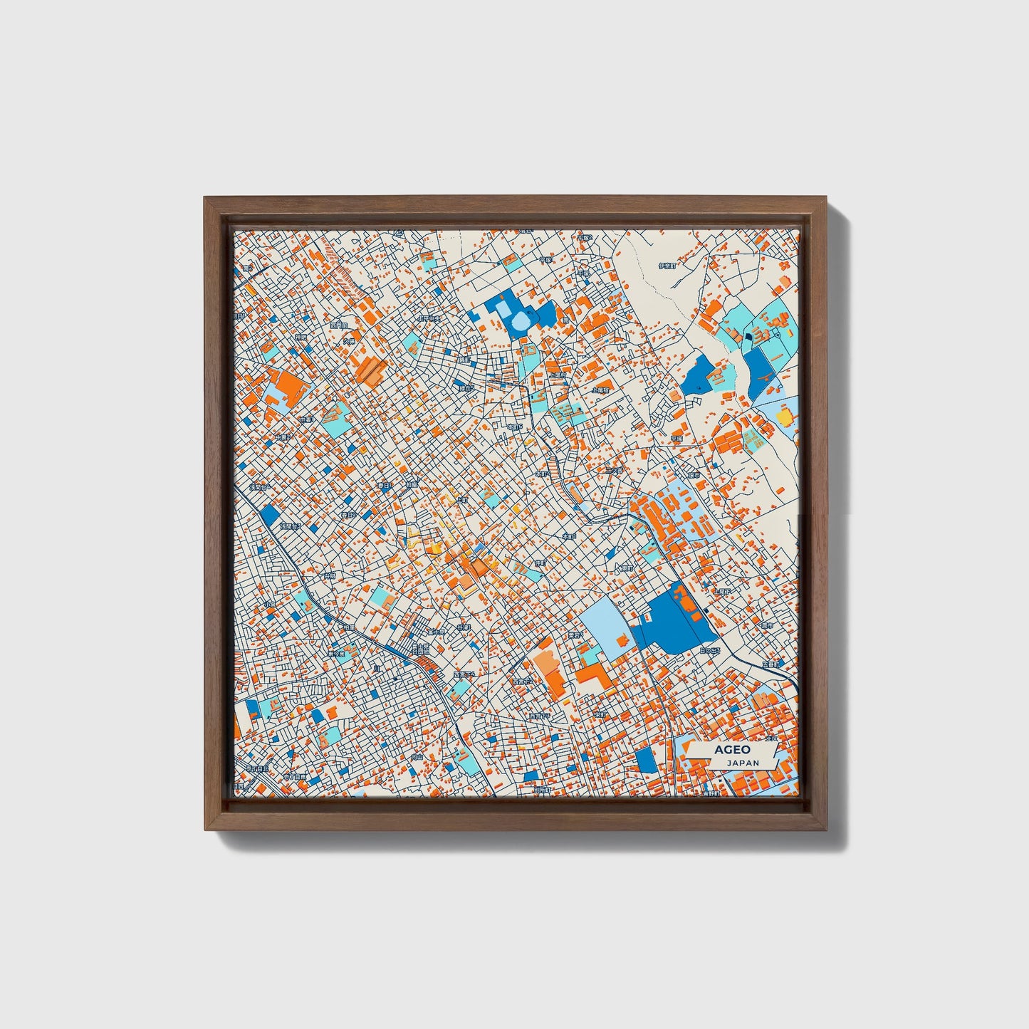 Ageo Japan Colorful City Map Canvas Print • Dark Wooden Framed