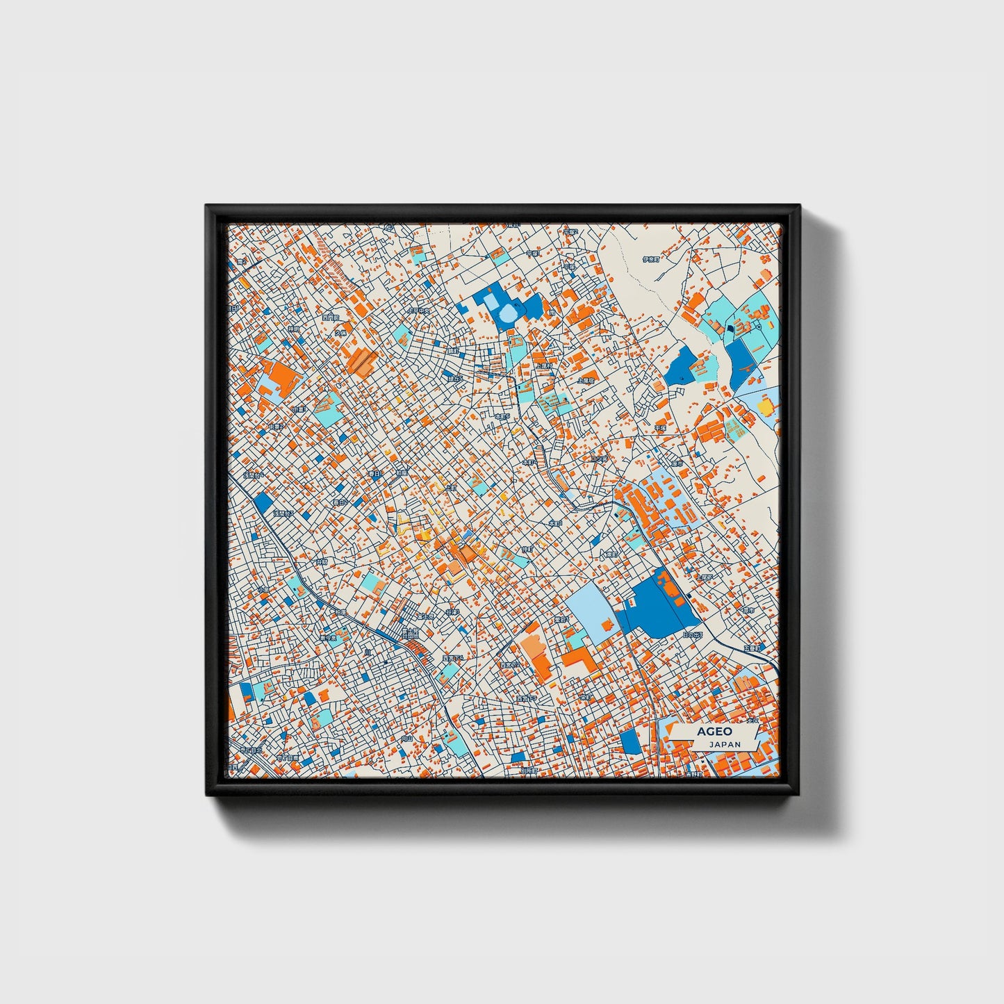 Ageo Japan Colorful City Map Canvas Print • Black Framed
