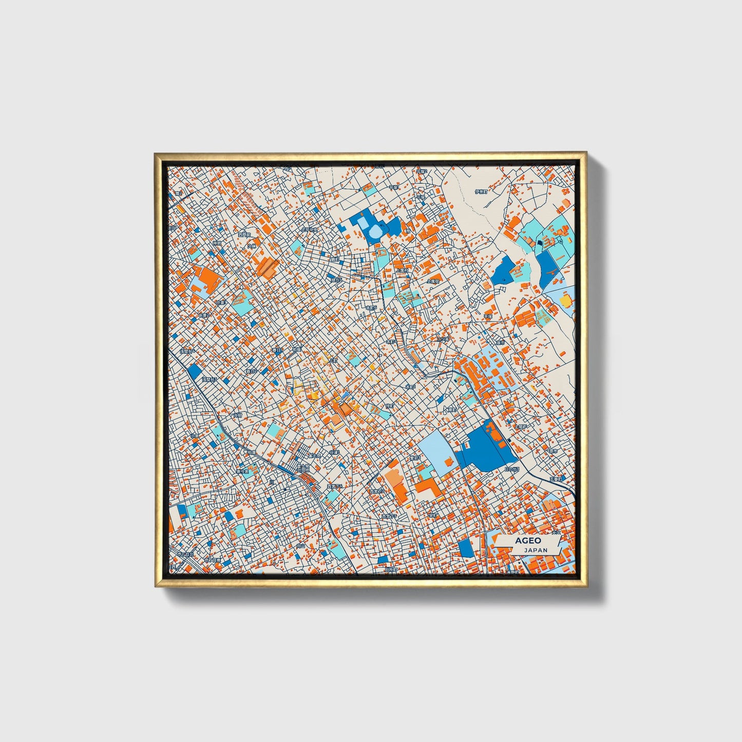 Ageo Japan Colorful City Map Canvas Print • Gold Framed