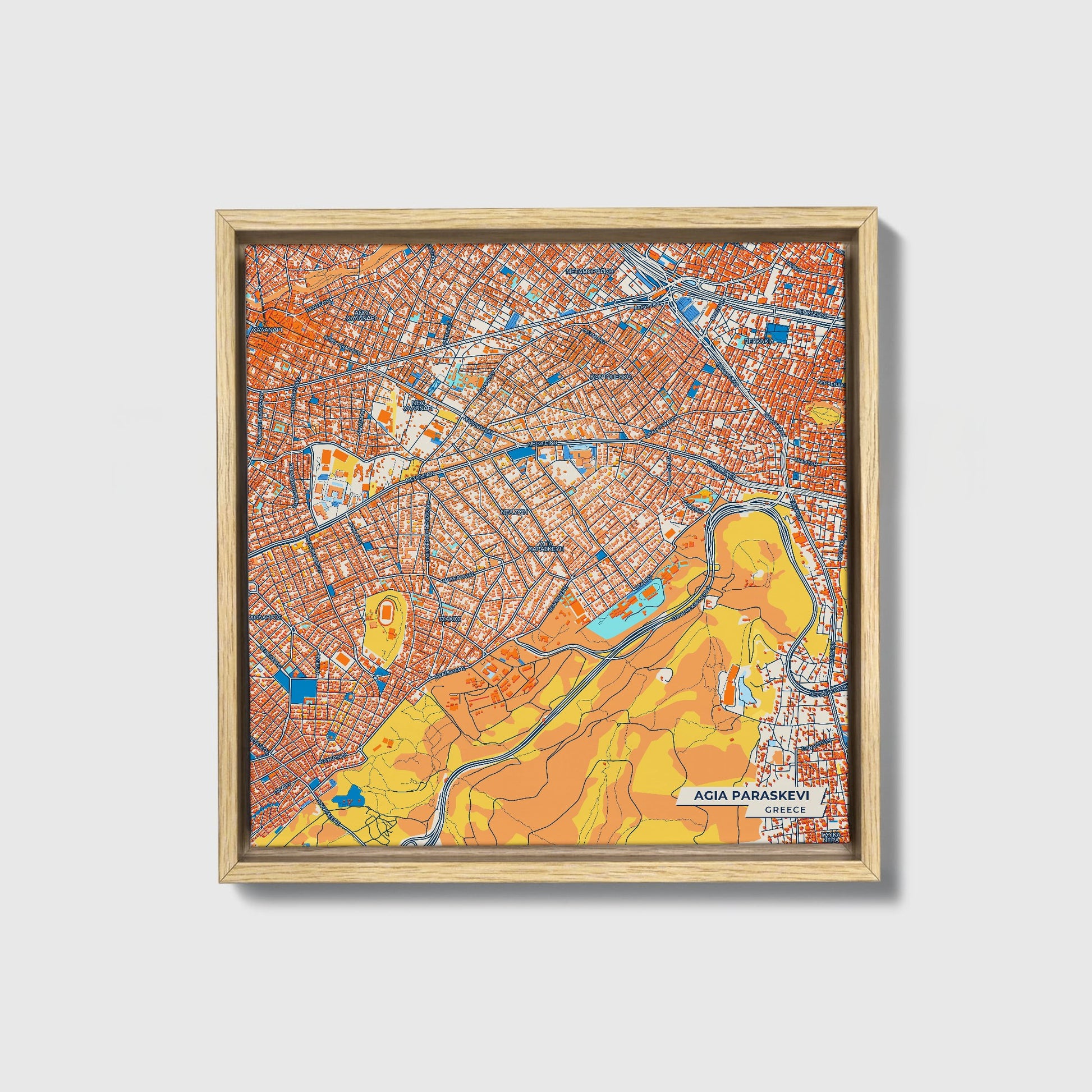 Αγια Παρασκευη Greece Colorful City Map Canvas Print • Natural Wooden Framed