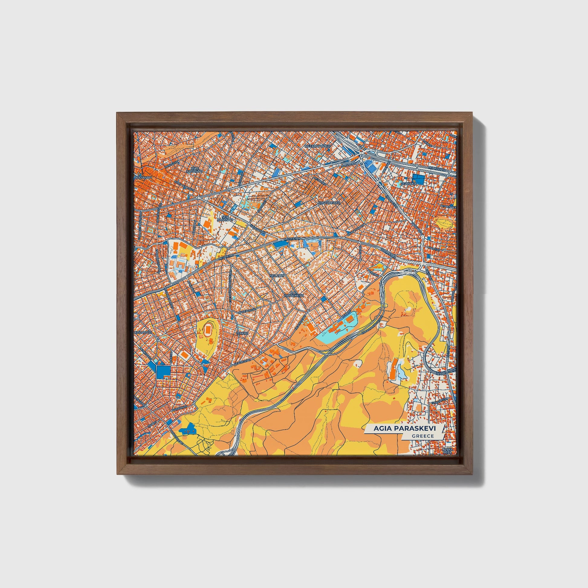 Αγια Παρασκευη Greece Colorful City Map Canvas Print • Dark Wooden Framed