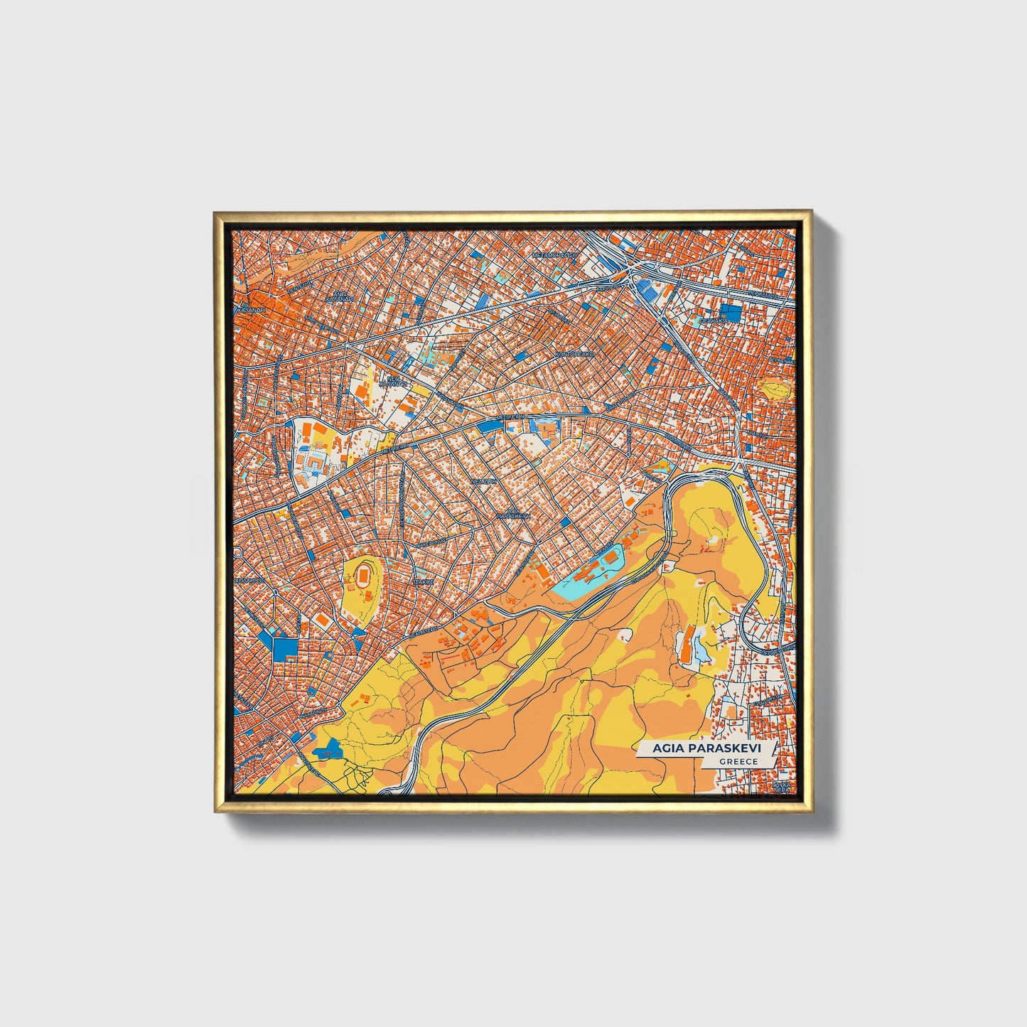 Αγια Παρασκευη Greece Colorful City Map Canvas Print • Gold Framed