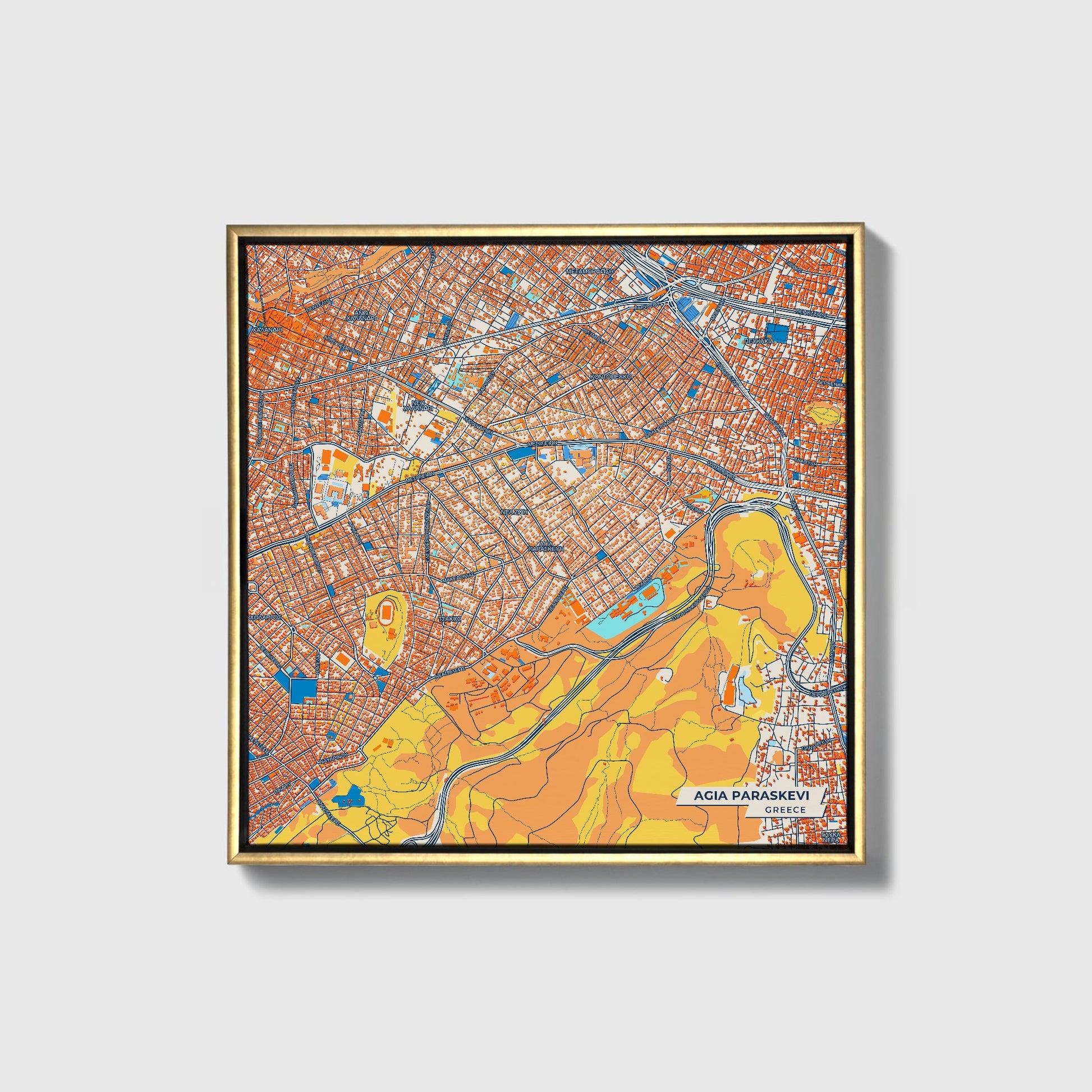 Αγια Παρασκευη Greece Colorful City Map Canvas Print • Gold Framed