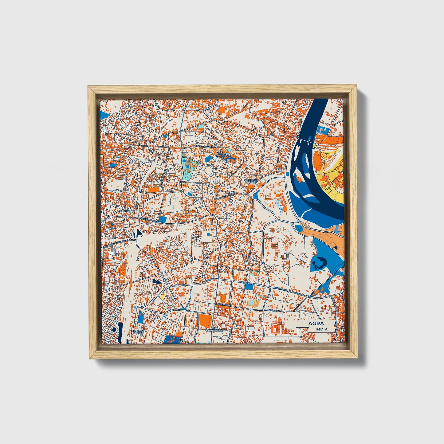 Agra India Colorful City Map Canvas Print • Natural Wooden Framed