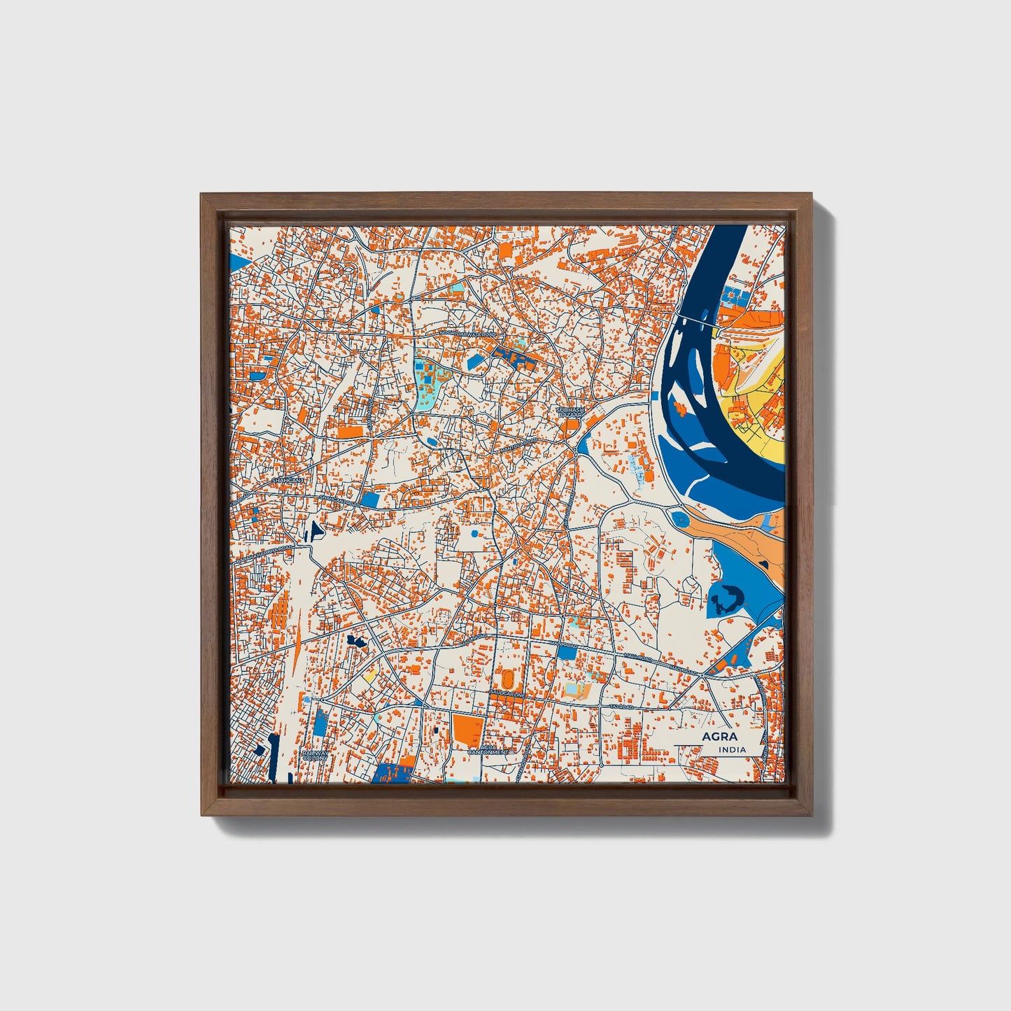 Agra India Colorful City Map Canvas Print • Dark Wooden Framed