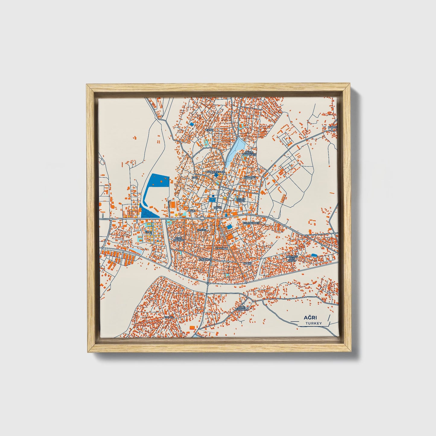 Ağri Turkey Colorful City Map Canvas Print • Natural Wooden Framed