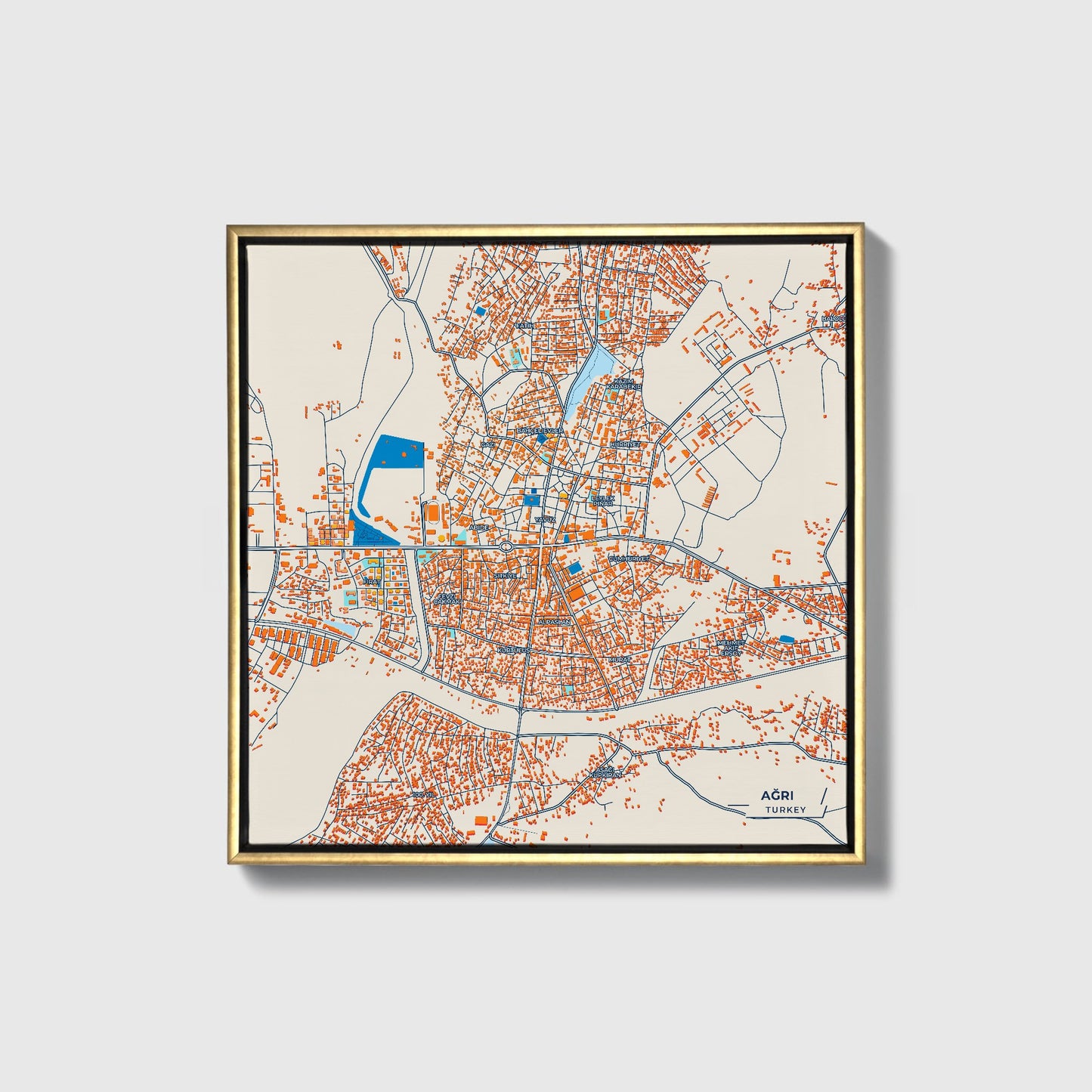 Ağri Turkey Colorful City Map Canvas Print • Gold Framed